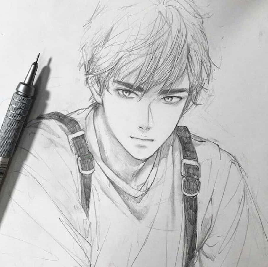 一幅鉛筆素描，描繪一位穿著吊帶褲、眼神銳利的動漫風格年輕男子。 — 動漫繪圖 GIF 壁紙