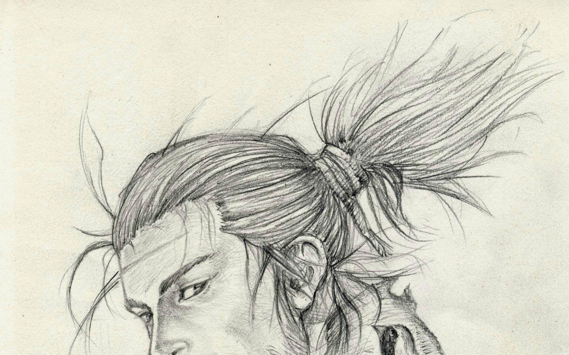 Vagabond 桌布 壁紙 — 一幅詳細的鉛筆素描，描繪一個人側面頭部，頭髮被風吹起，紮成高馬尾。