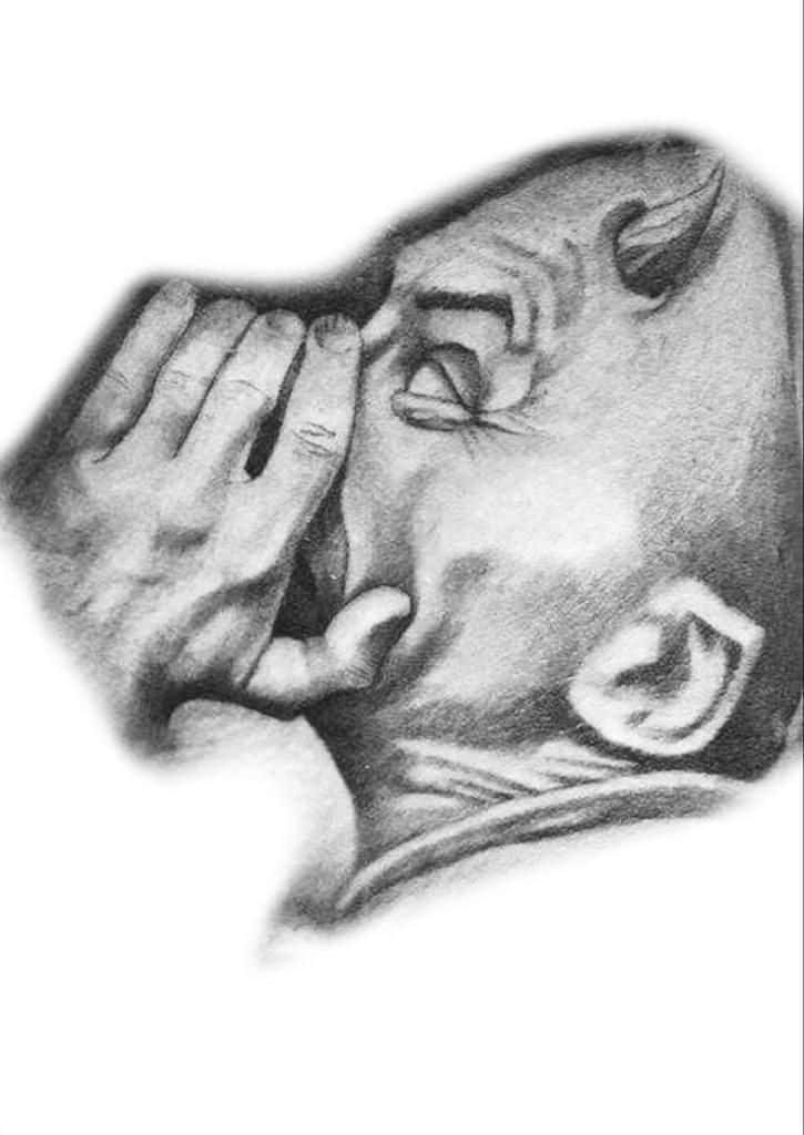 evil 桌布 壁紙 — 一幅詳細的鉛筆素描，描繪一個人臉部向上傾斜，一隻手輕輕遮住嘴巴。