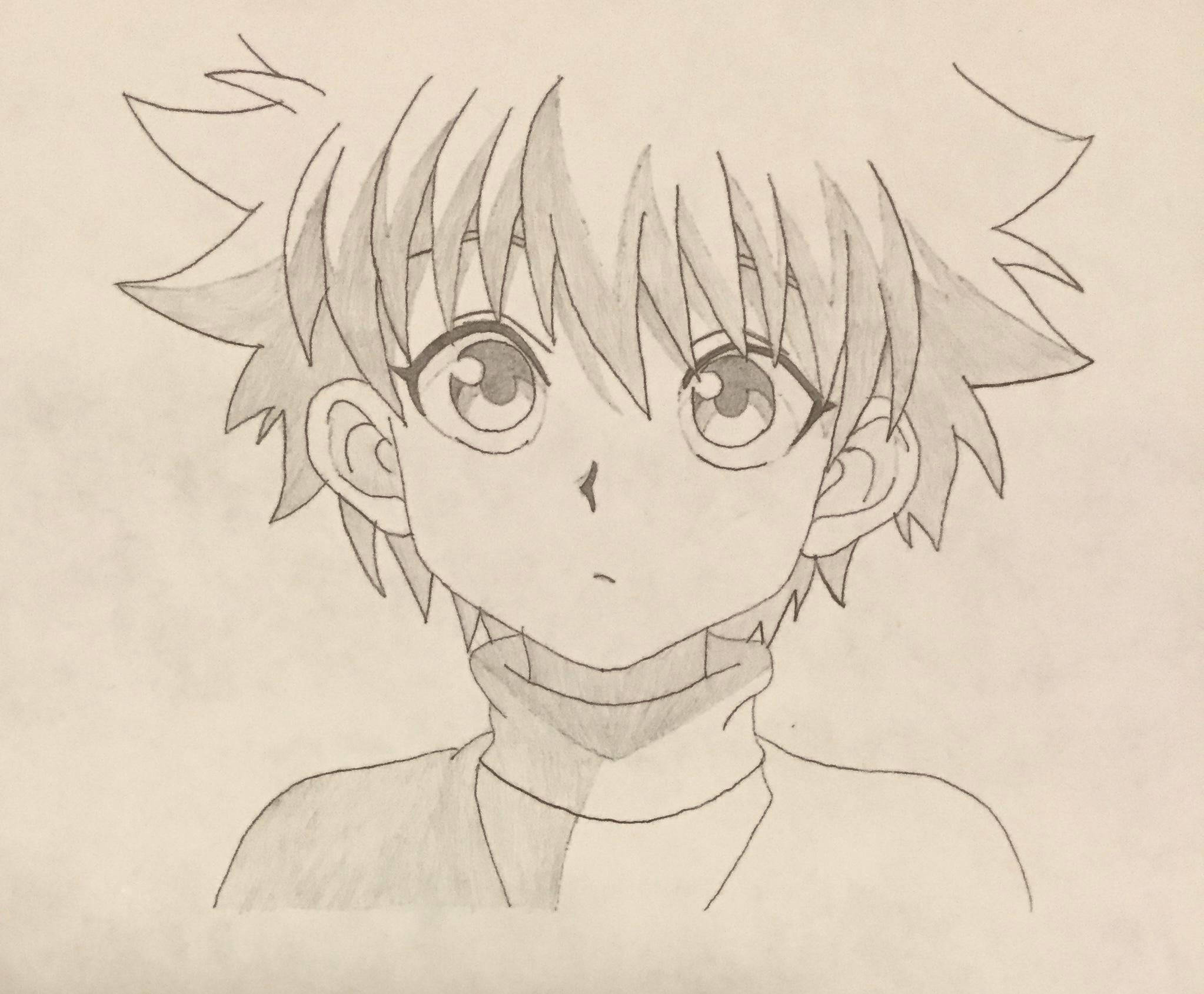 動漫繪圖 桌布 壁紙 — 一幅詳細的鉛筆素描，描繪一個動漫風格的男孩，有著刺蝟頭和一雙大而有表現力的眼睛，直視前方。