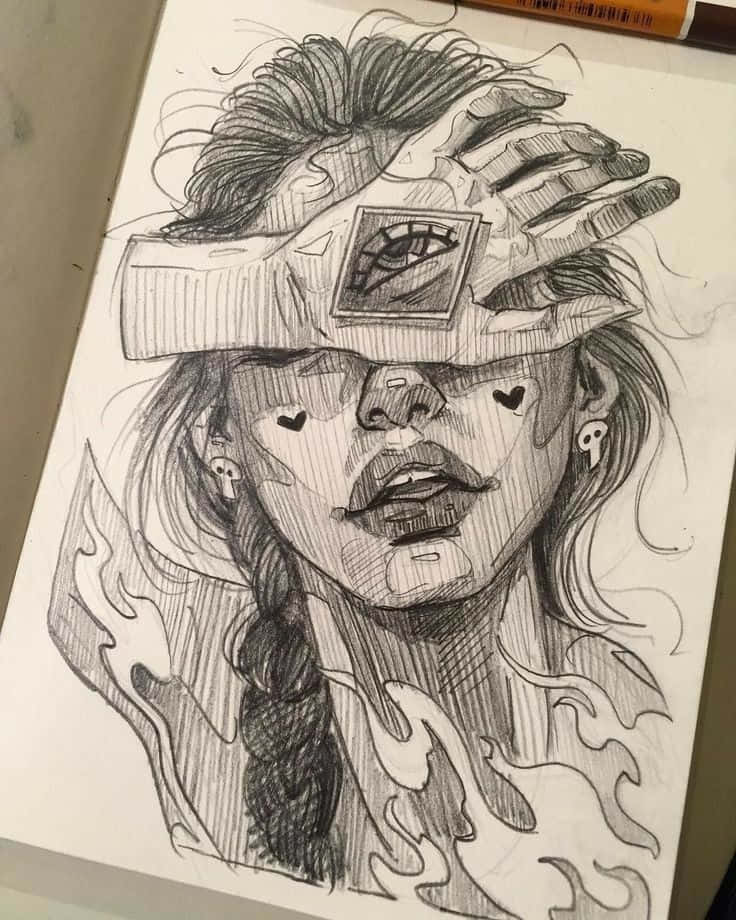 Sketch Art 桌布 壁紙 — 一幅詳細的鉛筆素描，描繪一個頭髮狂野的人，在火焰包圍下，將一個鑲框的眼睛舉在臉前。