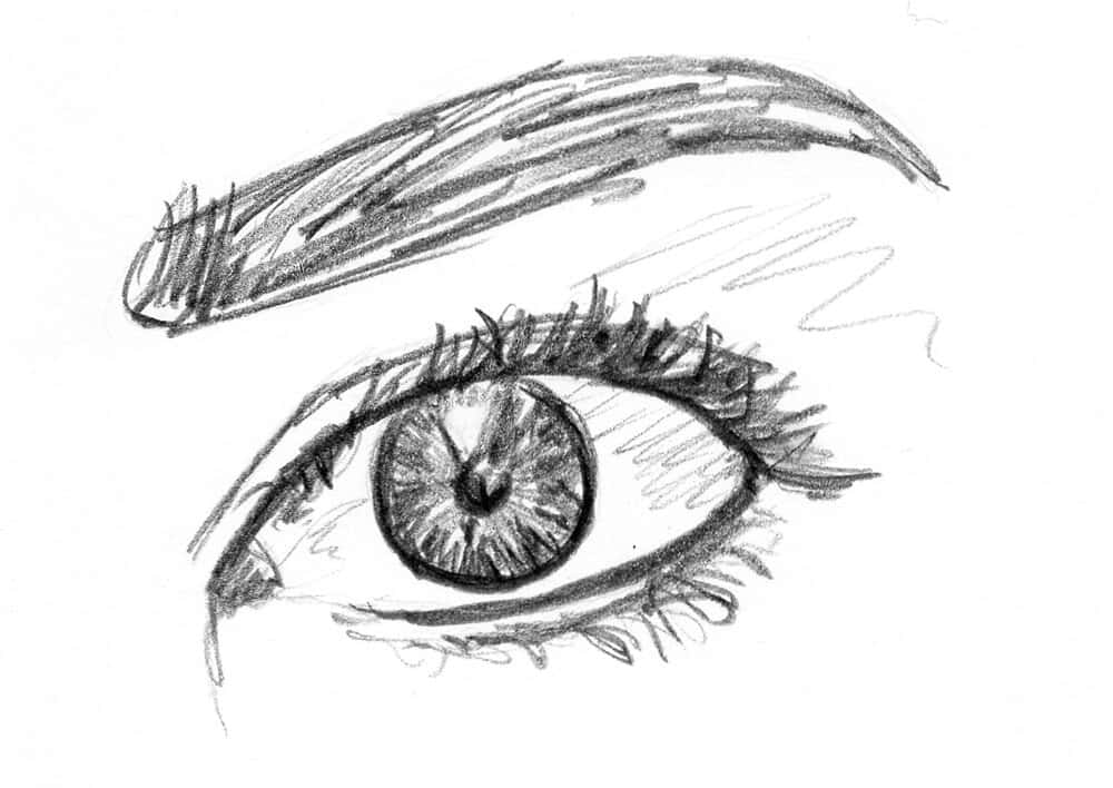 Eye 桌布 壁紙 — 一幅詳細的鉛筆素描，描繪一隻人類眼睛，帶有富有表現力的睫毛和紋理分明的虹膜，背景為純白色。