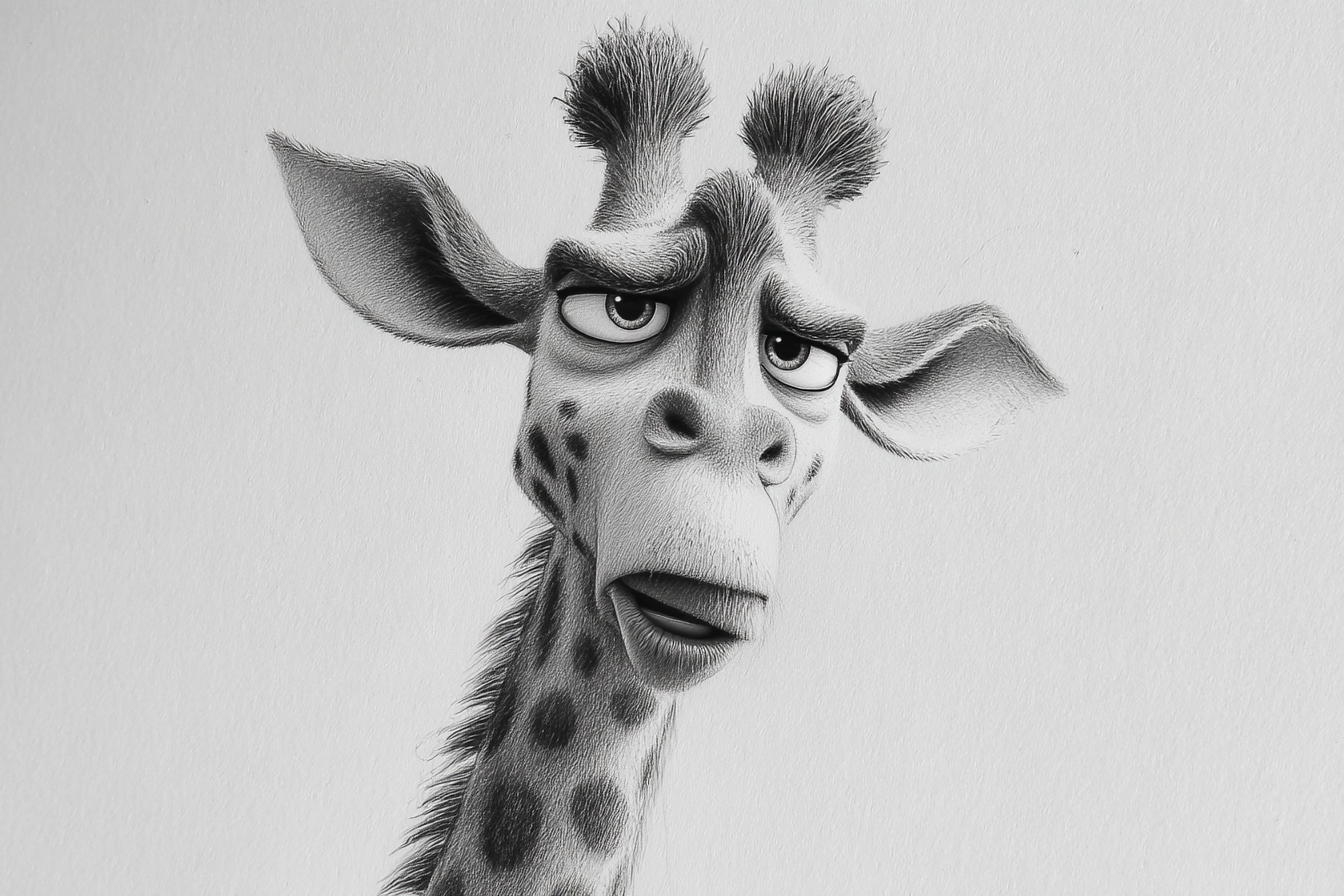 動物 桌布 壁紙 — 一幅詳細的鉛筆素描，描繪一隻卡通長頸鹿，表情不悅，耳朵大，背景簡單。