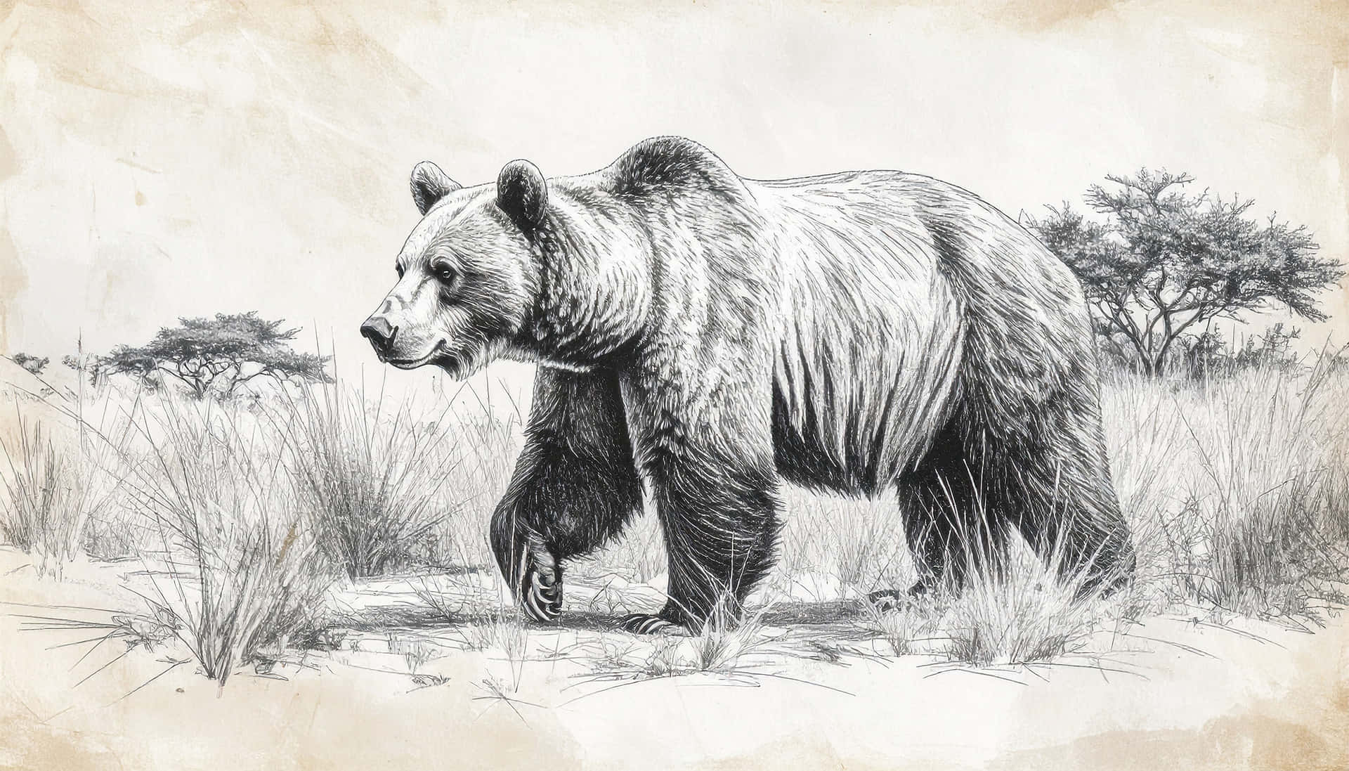 Bear 壁紙 — 一幅詳細的鉛筆素描，描繪一隻大棕熊穿過高草，背景有稀疏樹木，畫在舊紙上。