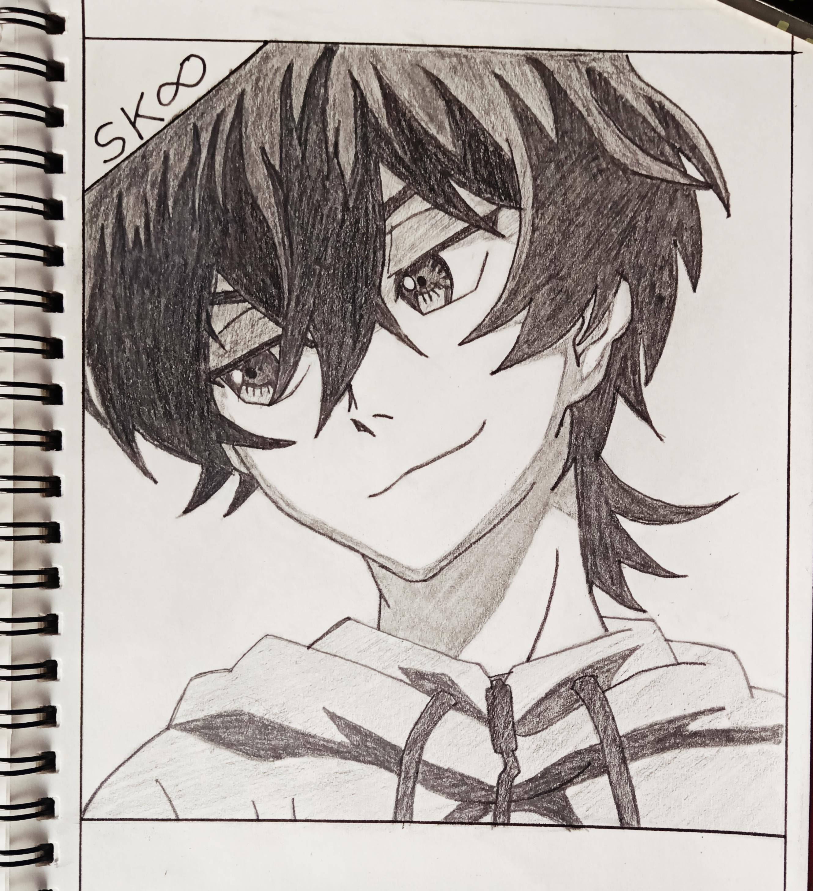 Miya 桌布 壁紙 — 一幅詳細的鉛筆素描，描繪了一個動漫風格的男性角色，擁有尖刺頭髮和連帽衫，畫在素描本中。