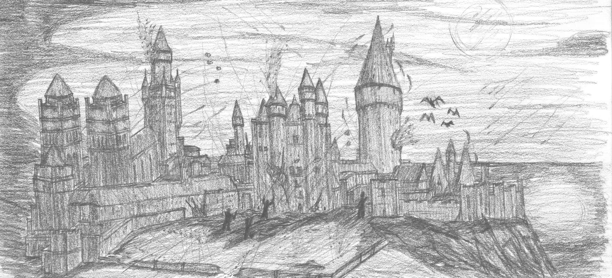 The Battle Of Hogwarts 桌布 壁紙 — 一幅詳細的鉛筆素描，描繪了一座坐落在懸崖上的哥德式城堡，塔樓冒著煙，鳥兒在頭頂飛翔。