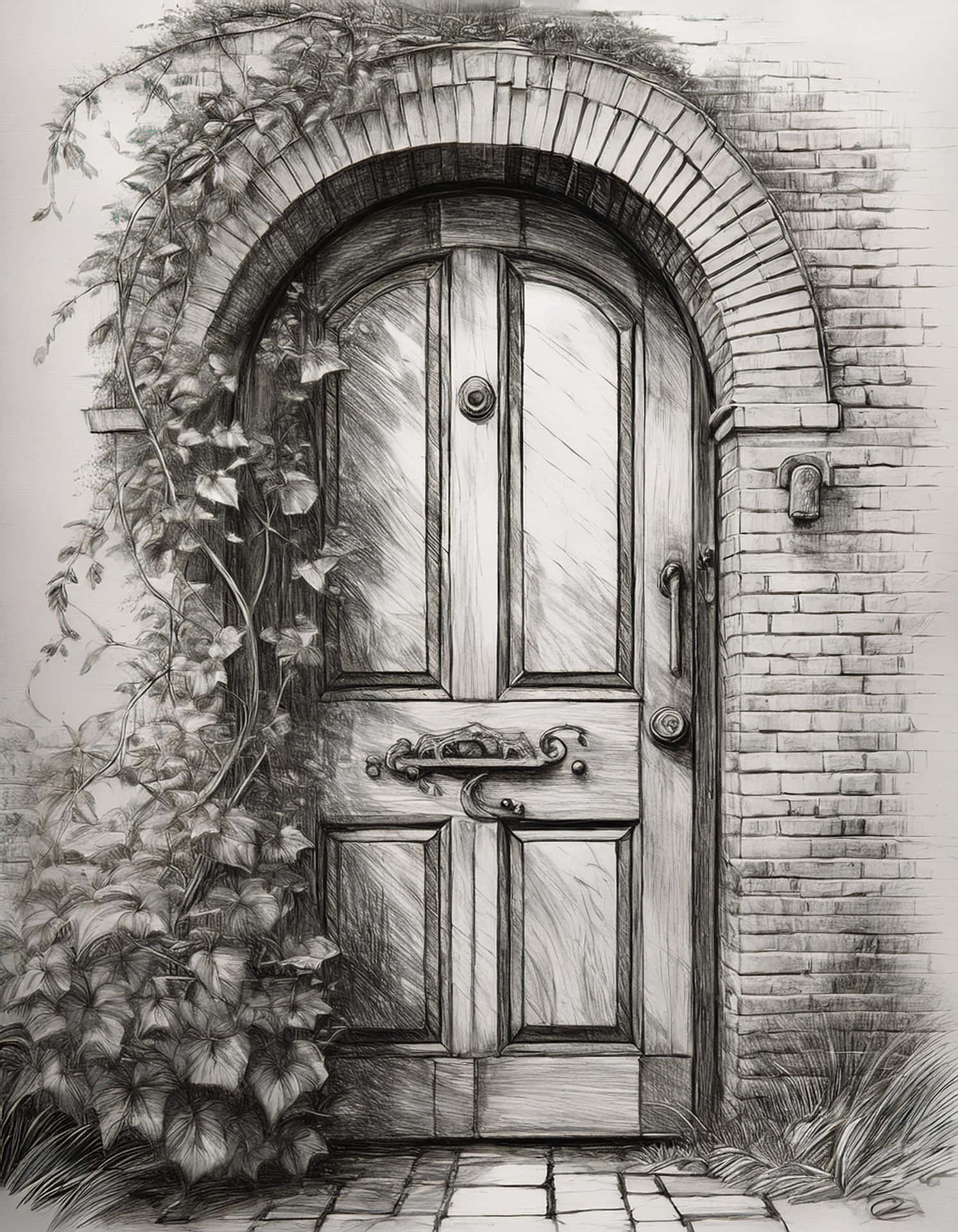 Meeting of Historical Gate and Nature 壁紙 — 一幅詳細的鉛筆素描，描繪了一扇帶有華麗五金件的拱形木門，周圍環繞著磚牆和攀爬的常春藤。