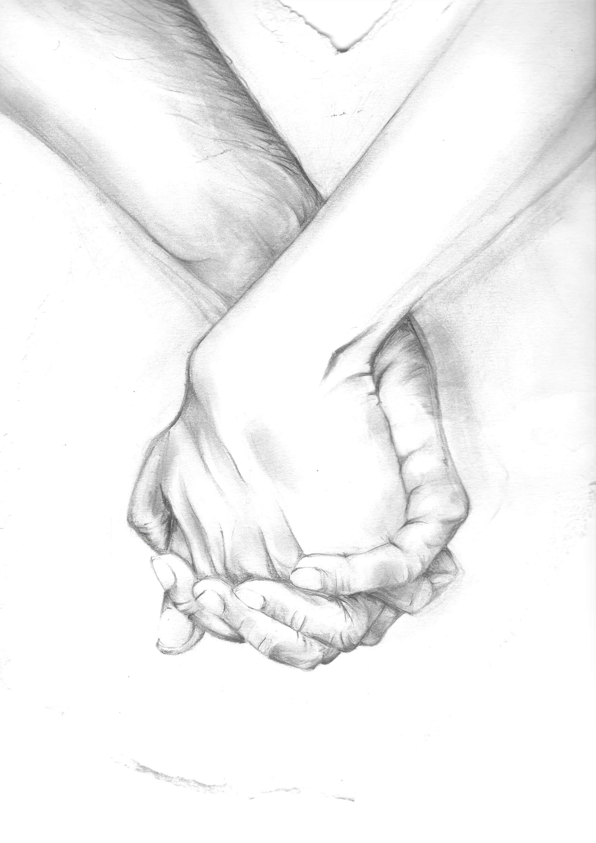 Holding Hands 桌布 壁紙 — 一幅詳細的鉛筆素描，描繪兩隻手在樸素背景前以溫柔親密的姿態緊握在一起。