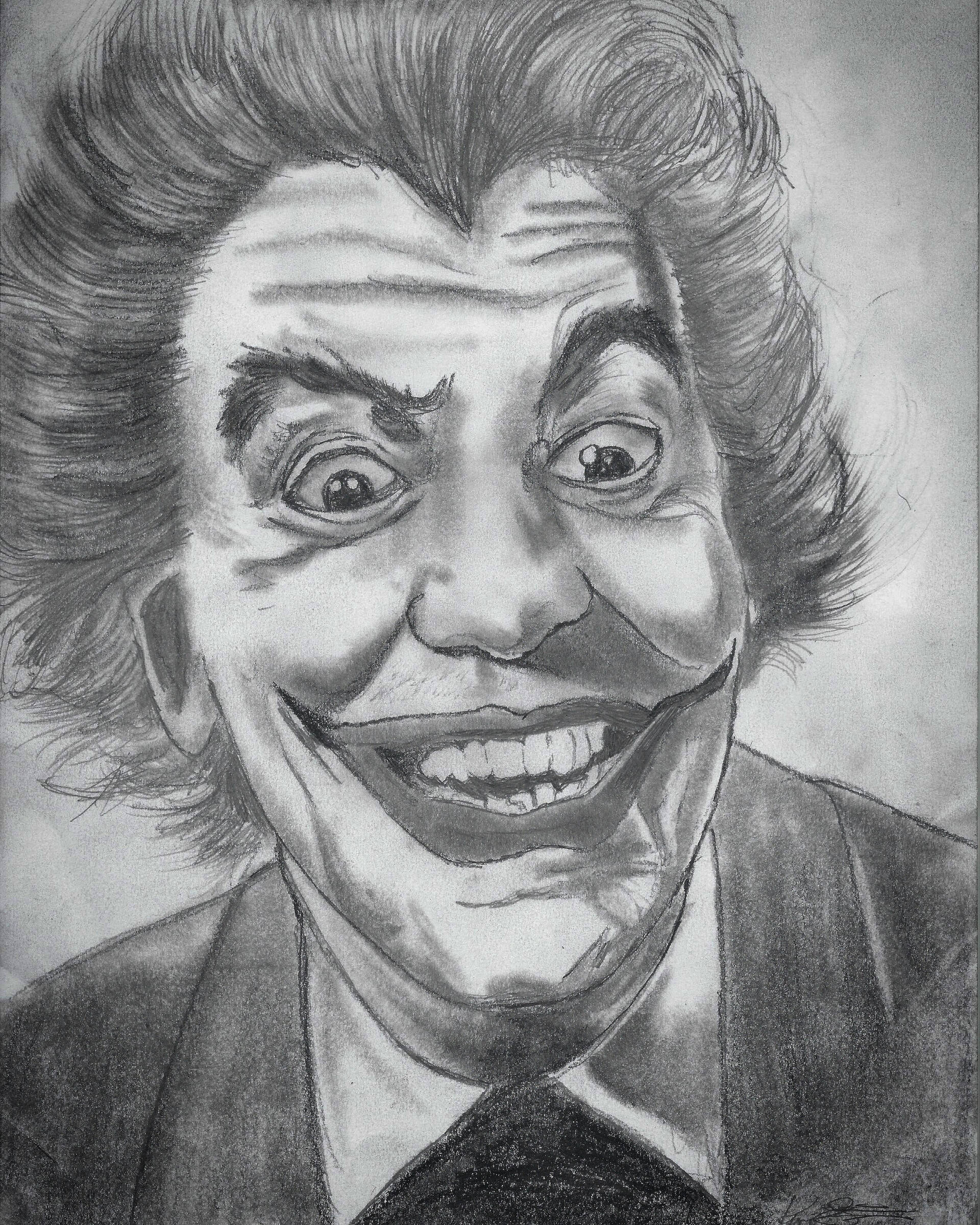 小丑 桌布 壁紙 — 一幅詳細的鉛筆素描，描繪小丑，有著狂野的頭髮和寬闊的邪惡笑容。