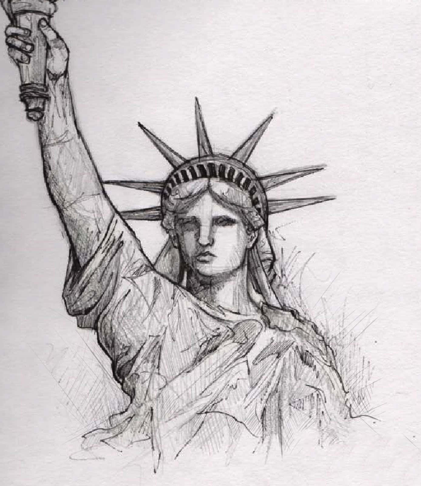 Statue Of Liberty 桌布 壁紙 — 一幅詳細的鉛筆素描，描繪自由女神像高舉火炬，背景簡潔。