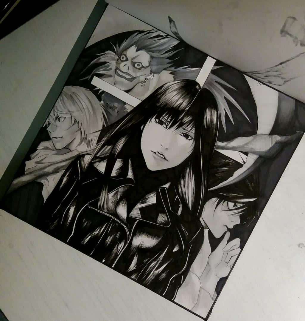 Naomi Misora 桌布 壁紙 — 一幅詳細的黑白動漫畫，描繪了多個表情強烈的角色，放置在淺色表面上。