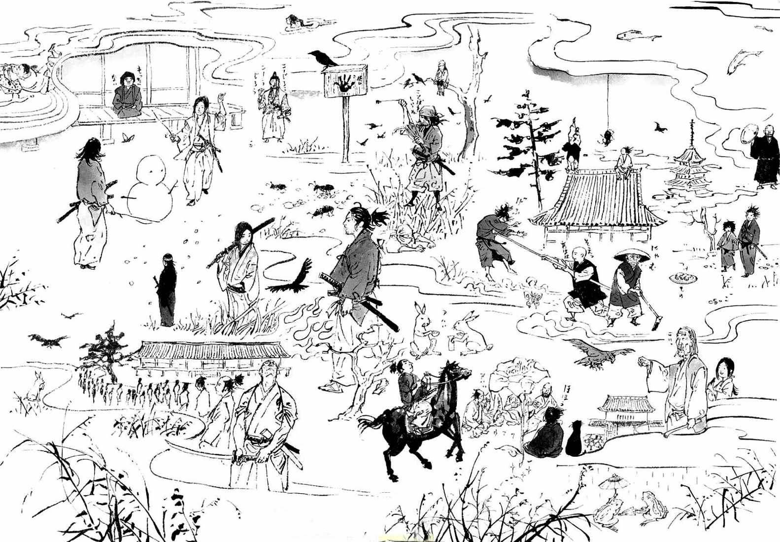 Vagabond 桌布 壁紙 — 一幅詳細的黑白墨水插圖描繪了許多武士和平民在傳統的日本風景中，伴隨著寺廟和自然，進行日常生活。