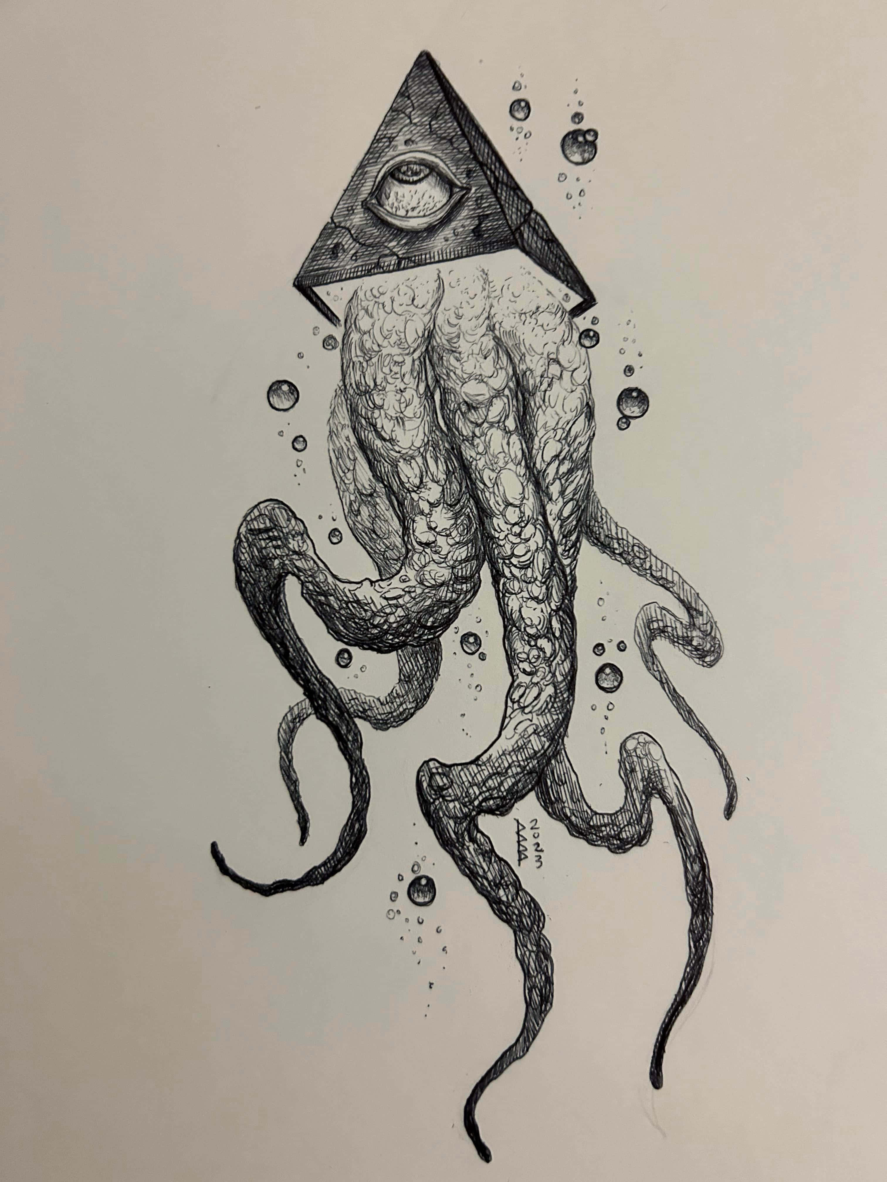 黑色藝術 桌布 壁紙 — 一幅詳細的黑白墨水畫，描繪了一隻章魚，其金字塔頭部包含一隻全視之眼，周圍環繞著氣泡。