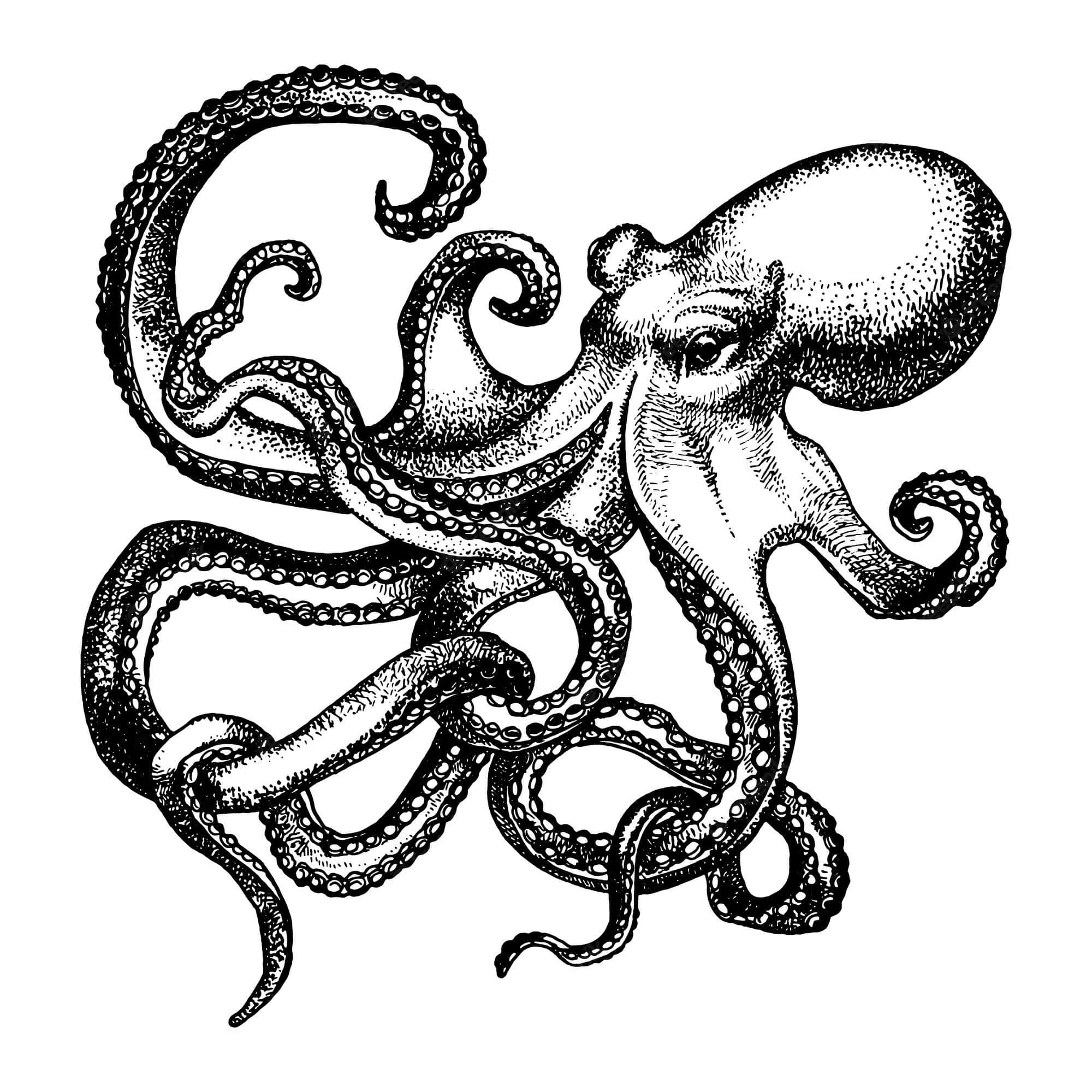 章魚 桌布 壁紙 — 一幅詳細的黑白復古風格插圖，描繪一隻帶有紋理觸手和富有表現力眼睛的章魚。