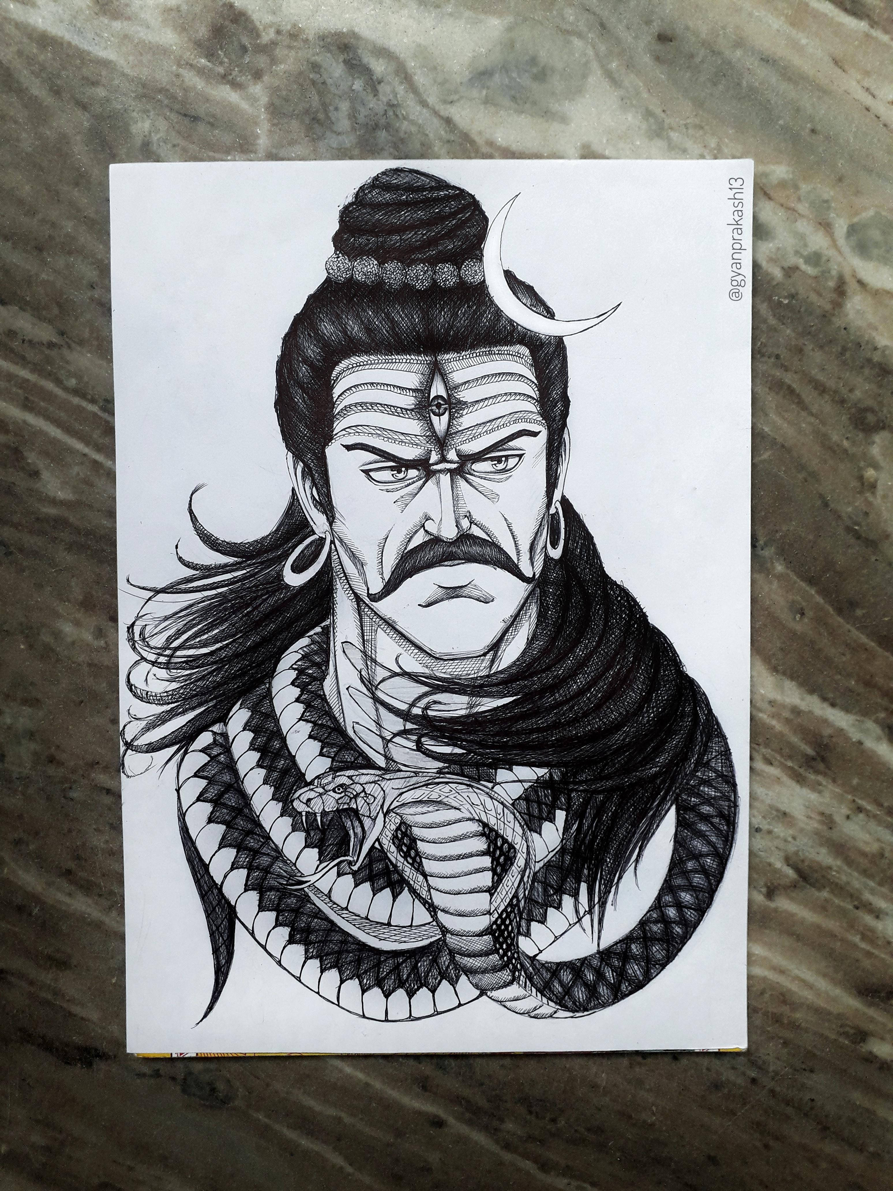 濕婆神 桌布 壁紙 — 一幅詳細的黑白插圖，描繪一位兇猛的神祇，頭髮上有新月，脖子上纏繞著一條盤繞的眼鏡蛇。