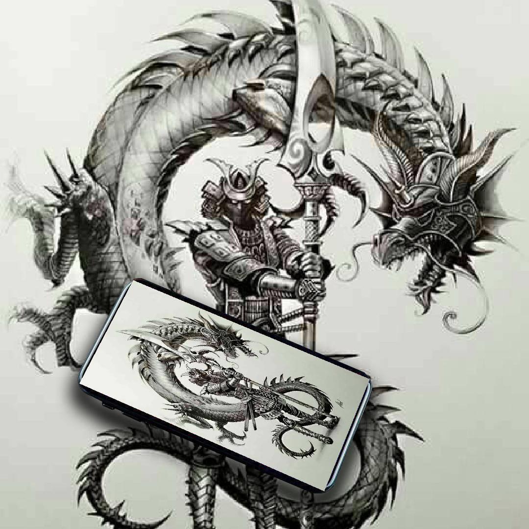日本武士 桌布 壁紙 — 一幅詳細的黑白插圖，描繪一位揮舞著劍的武士，被一條盤繞的龍包圍。