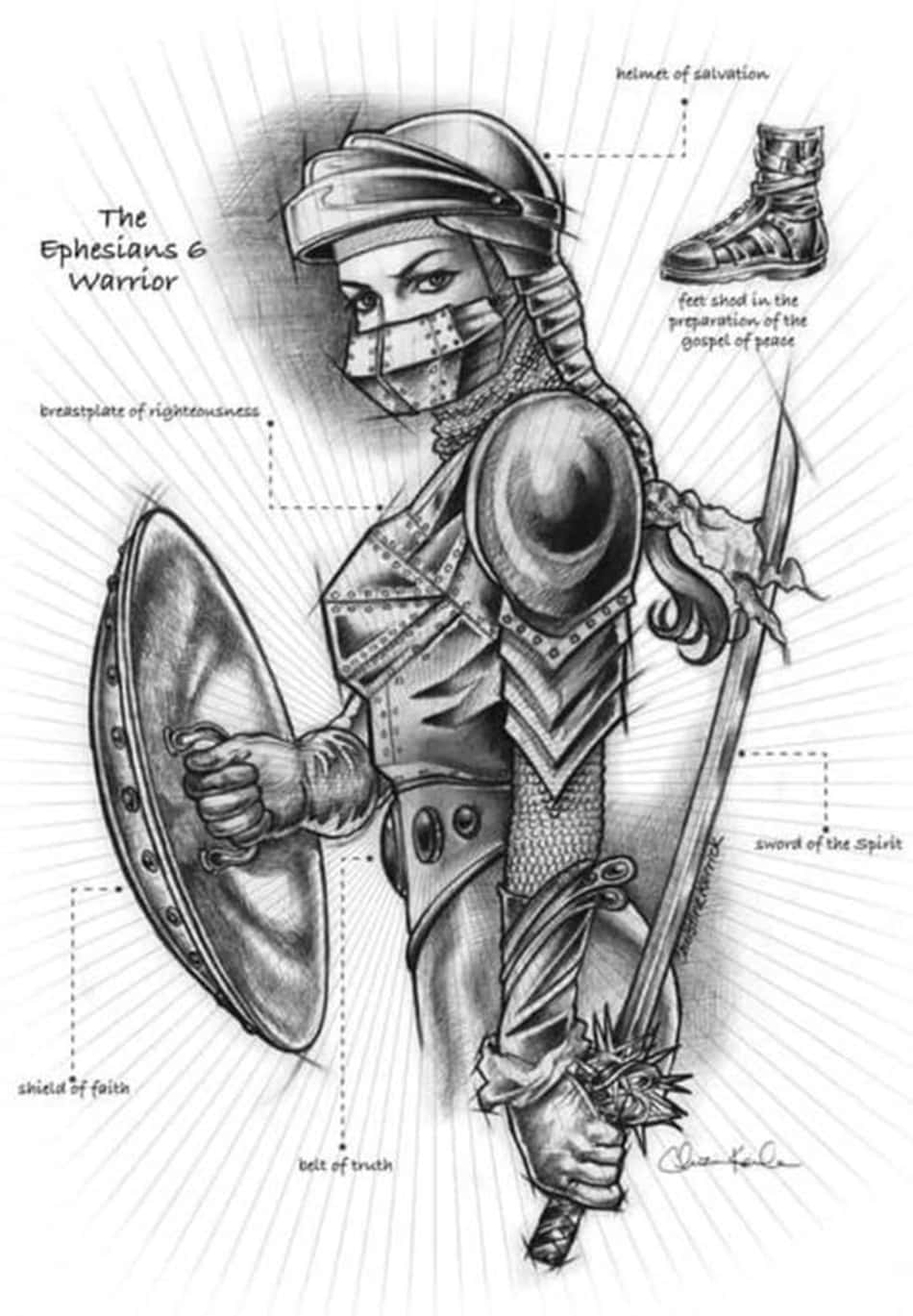 Armor Of God 桌布 壁紙 — 一幅詳細的黑白插圖，描繪一位身穿全副盔甲的女戰士，手持帶有標籤靈性象徵的盾牌和劍。