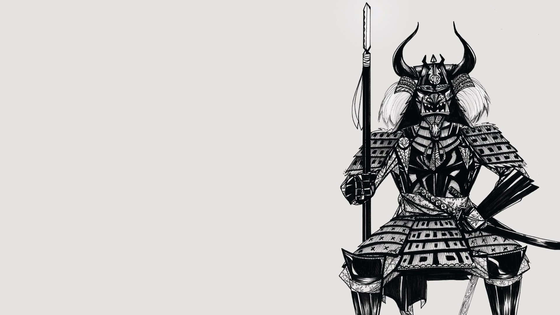 Samurai Armor 桌布 壁紙 — 一幅詳細的黑白插圖，描繪一位身穿全副盔甲、手持長矛的武士，背景簡潔。