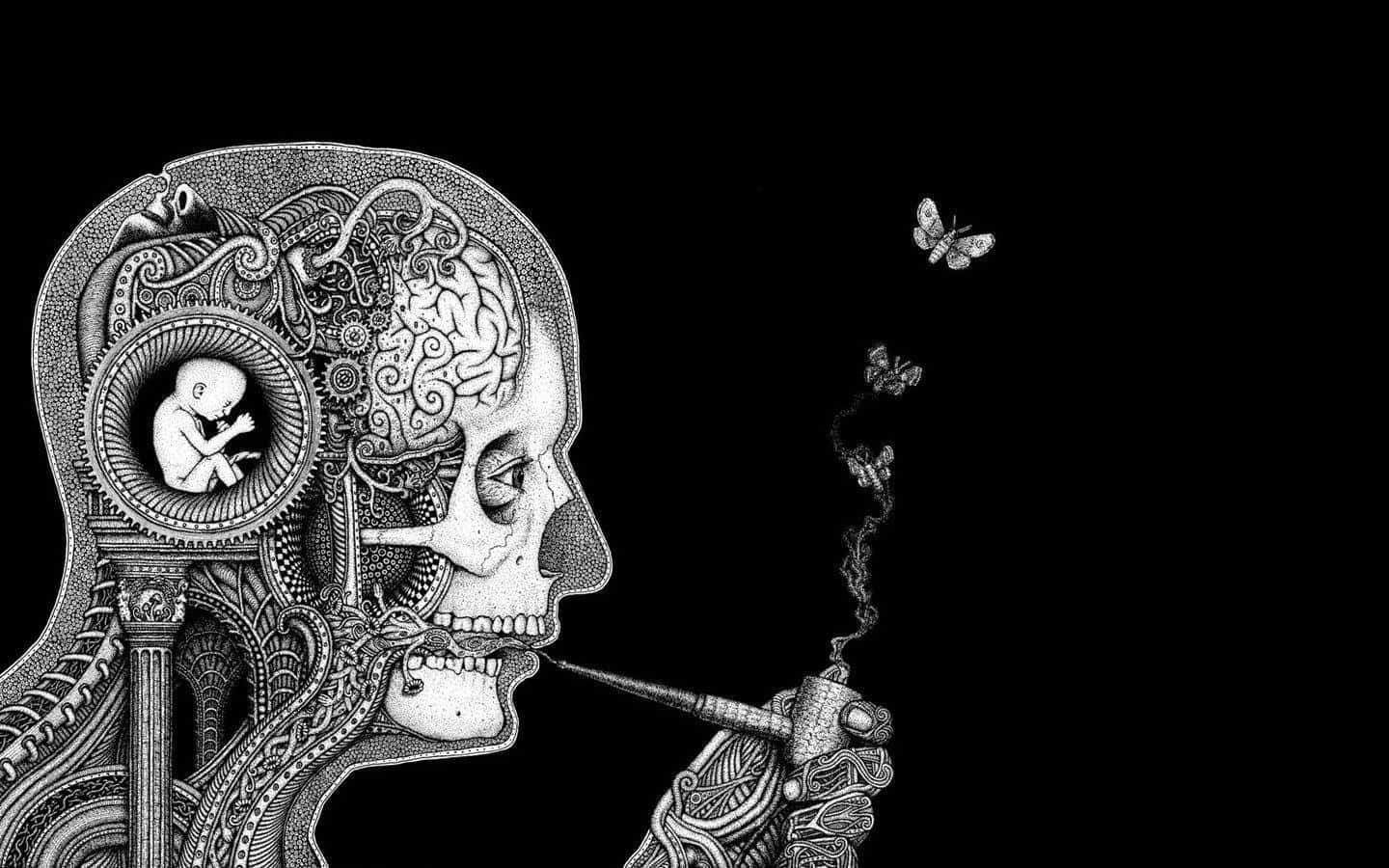 biology 桌布 壁紙 — 一幅詳細的黑白插圖，描繪一個人頭，內部有複雜圖案揭示胎兒，煙霧形成蝴蝶。