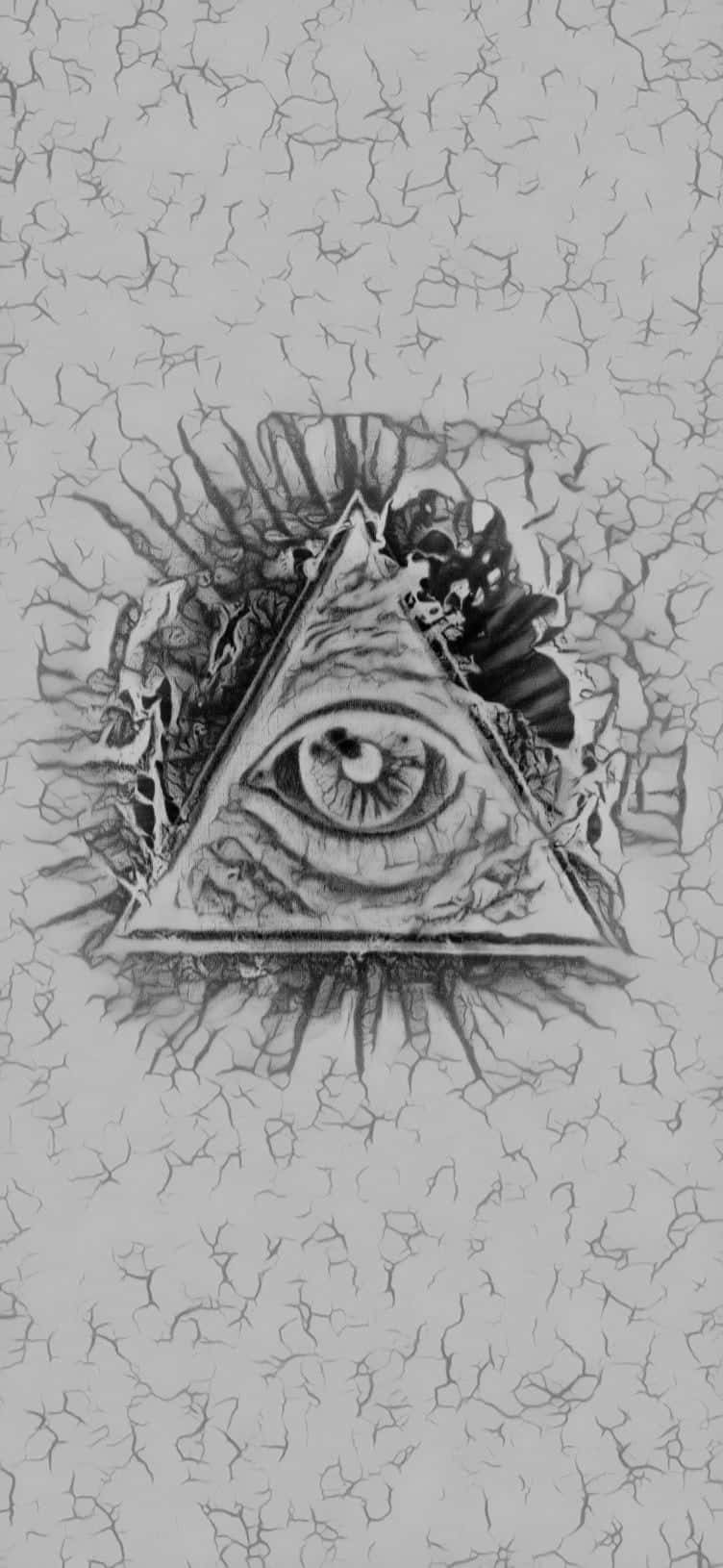 illuminati 桌布 壁紙 — 一幅詳細的黑白插圖，描繪一個從裂開的地面中浮現的三角形內的全視之眼。