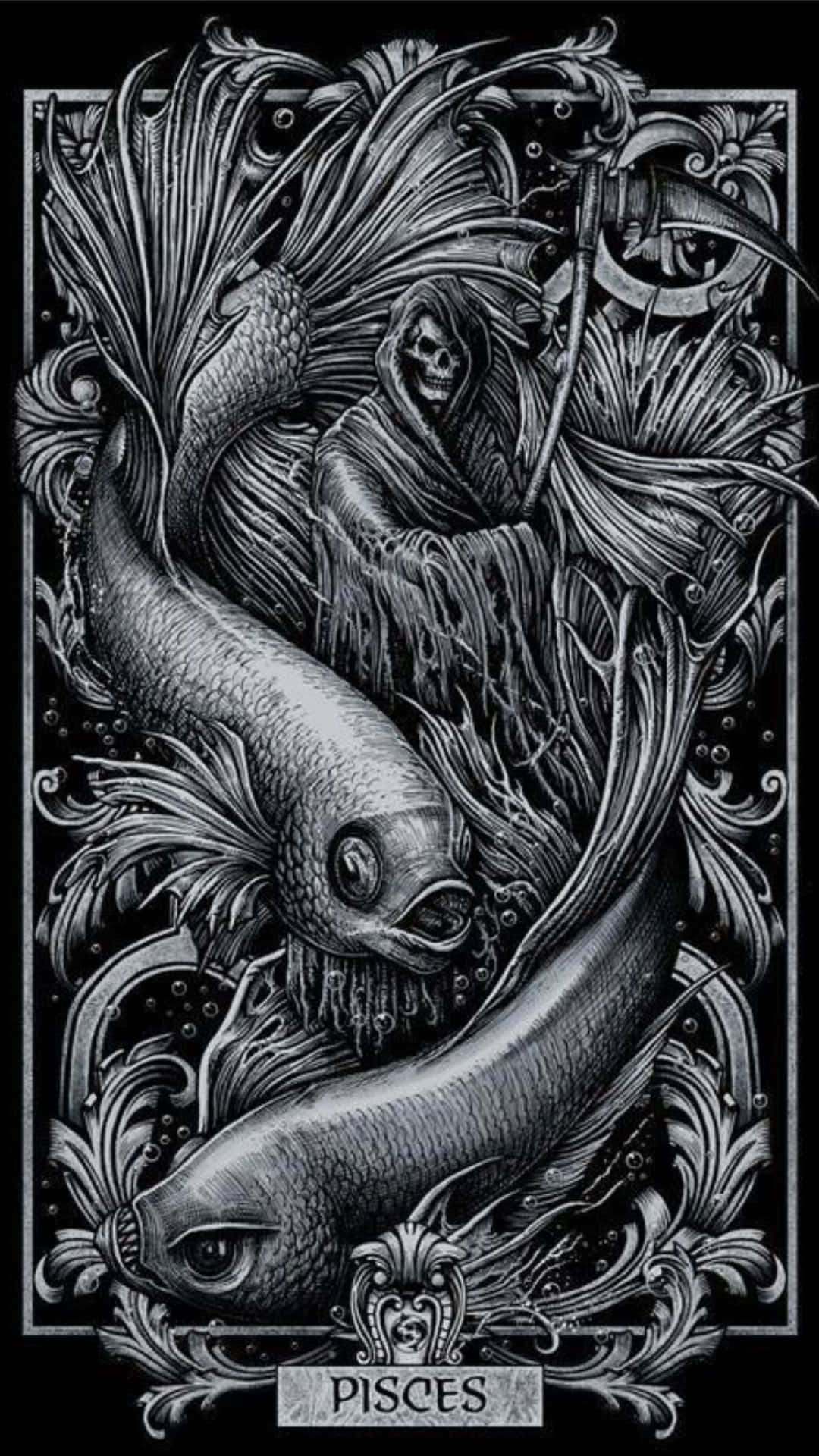 桌布 壁紙 — 一幅詳細的黑白插圖，描繪一個骷髏死神手持鐮刀，周圍有華麗的漩渦和兩條魚形成雙魚座星座。