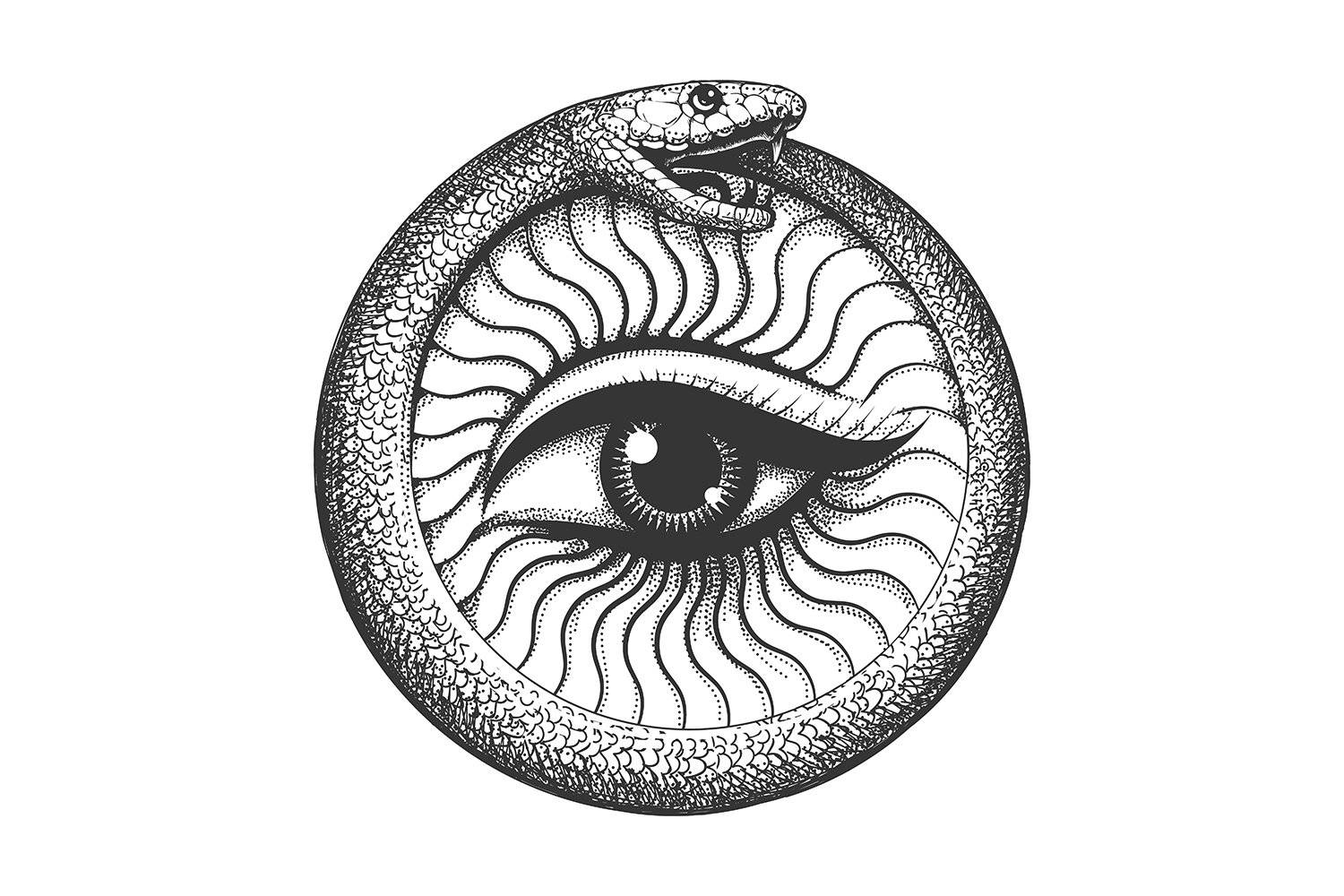 Eye 桌布 壁紙 — 一幅詳細的黑白插圖，描繪一條盤繞的蛇圍繞著一隻全視之眼，帶有複雜的點畫圖案。