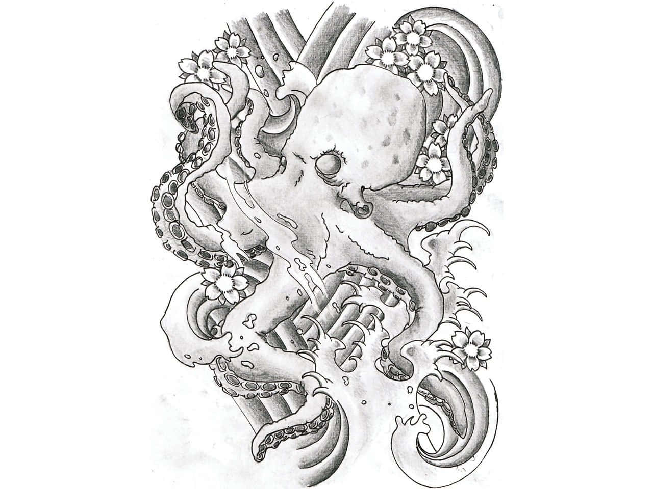 Japanese Tattoo 桌布 壁紙 — 一幅詳細的黑白插圖，描繪一隻帶有花卉裝飾的章魚在動態水流中旋轉。
