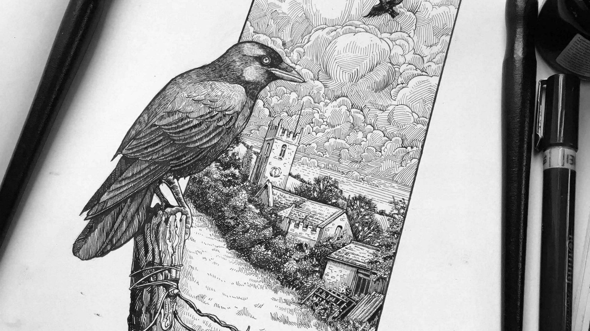 黑白藝術 桌布 壁紙 — 一幅詳細的黑白插圖，描繪一隻烏鴉棲息在柱子上，俯瞰著一個有教堂的村莊，天空多雲。