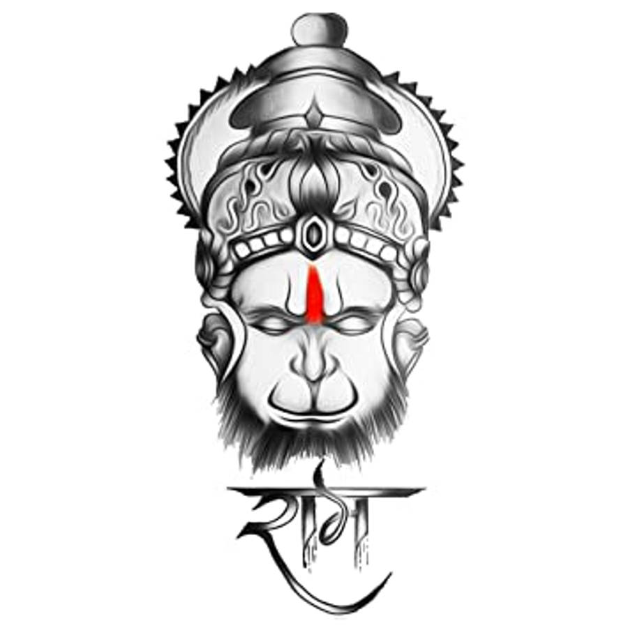 hanuman art 桌布 壁紙 — 一幅詳細的黑白插圖，描繪了一位戴冠的猴神，下方有紅色眉心記號和梵文文字。