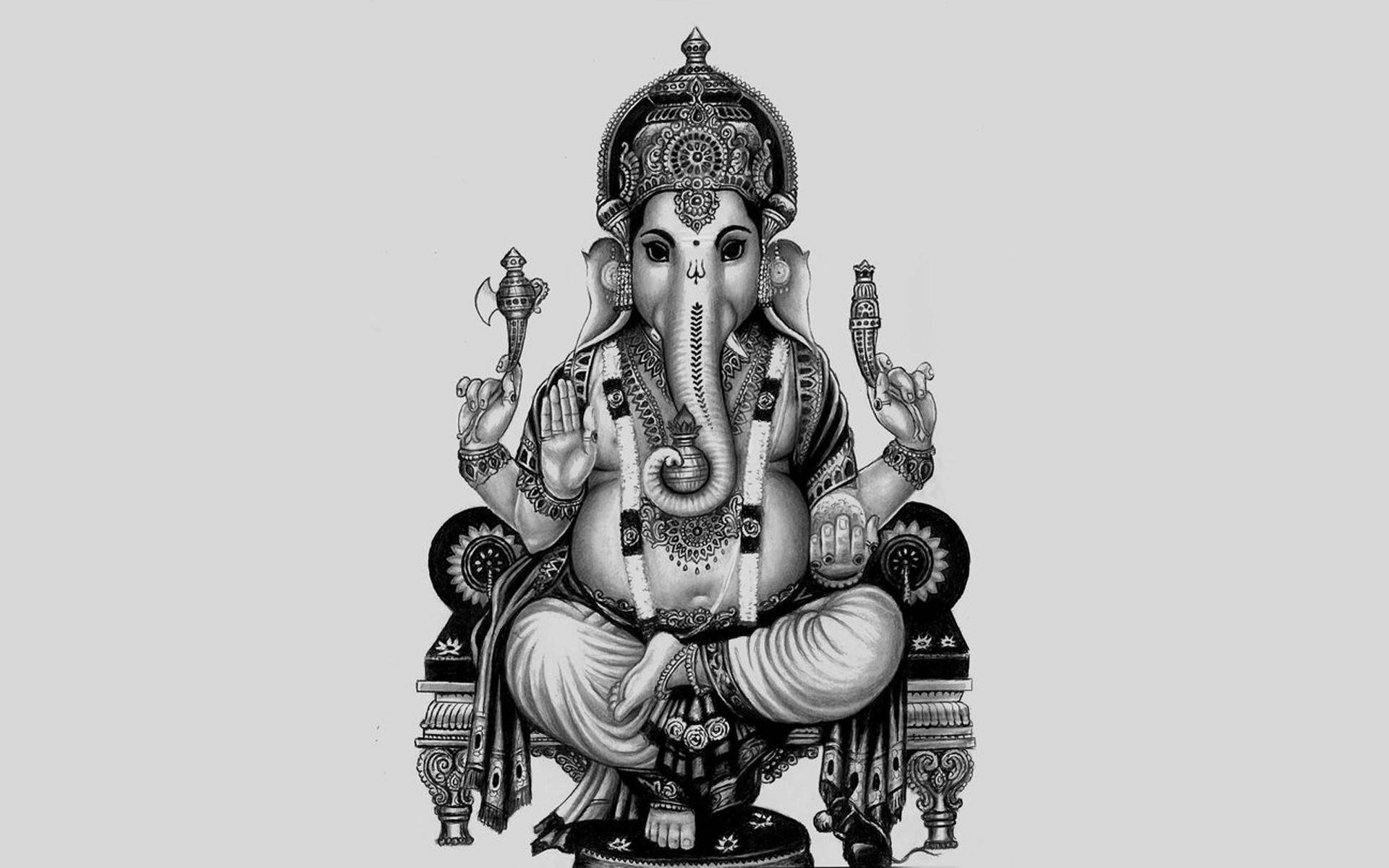 Ganesh 桌布 壁紙 — 一幅詳細的黑白插圖，描繪象頭神莊嚴地坐在華麗的寶座上，手持象徵性物品。