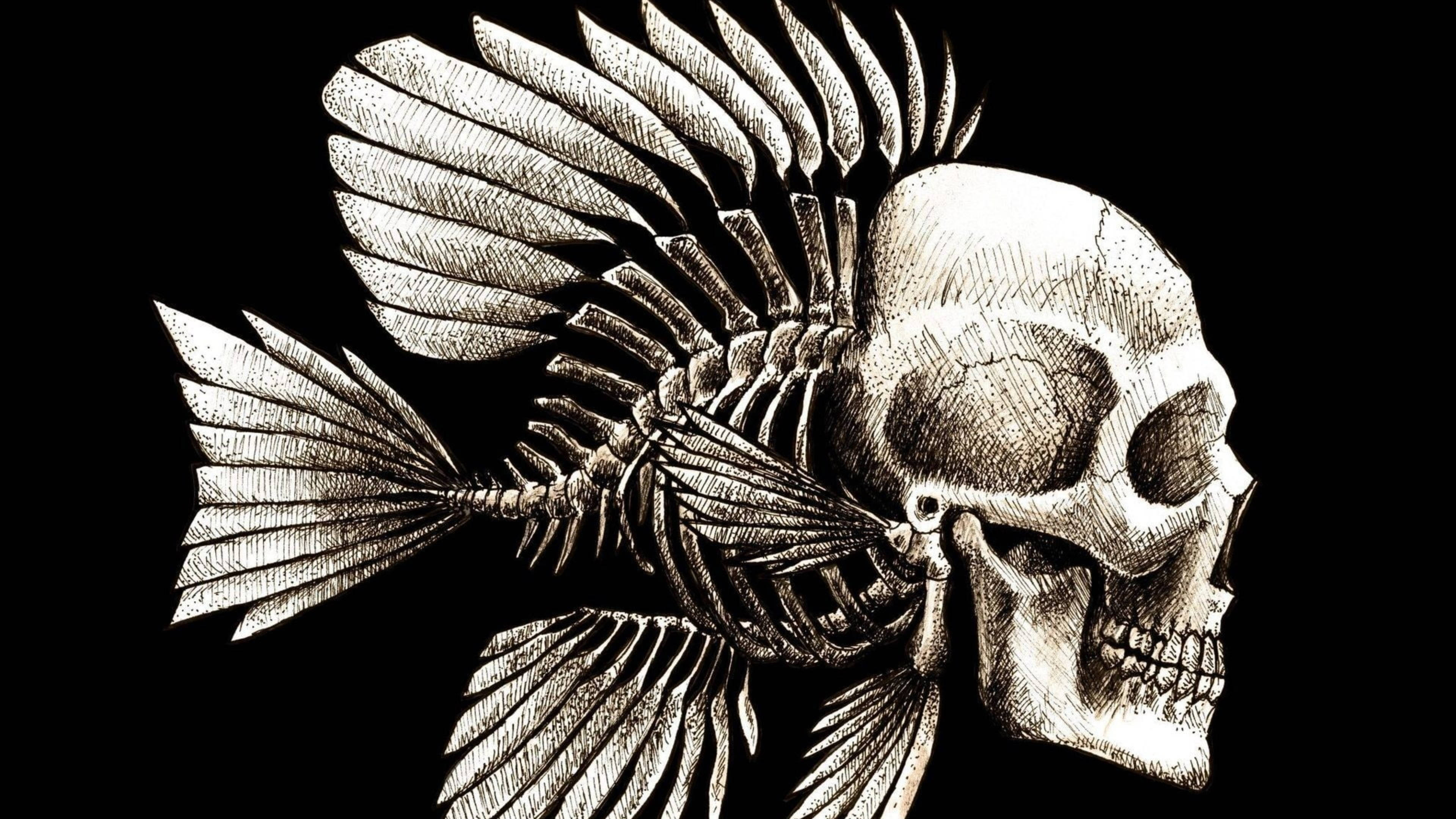 暗色抽象動態圖 桌布 壁紙 — 一幅詳細的黑白插圖，描繪魚骨與人類頭骨融合，背景為純黑色。