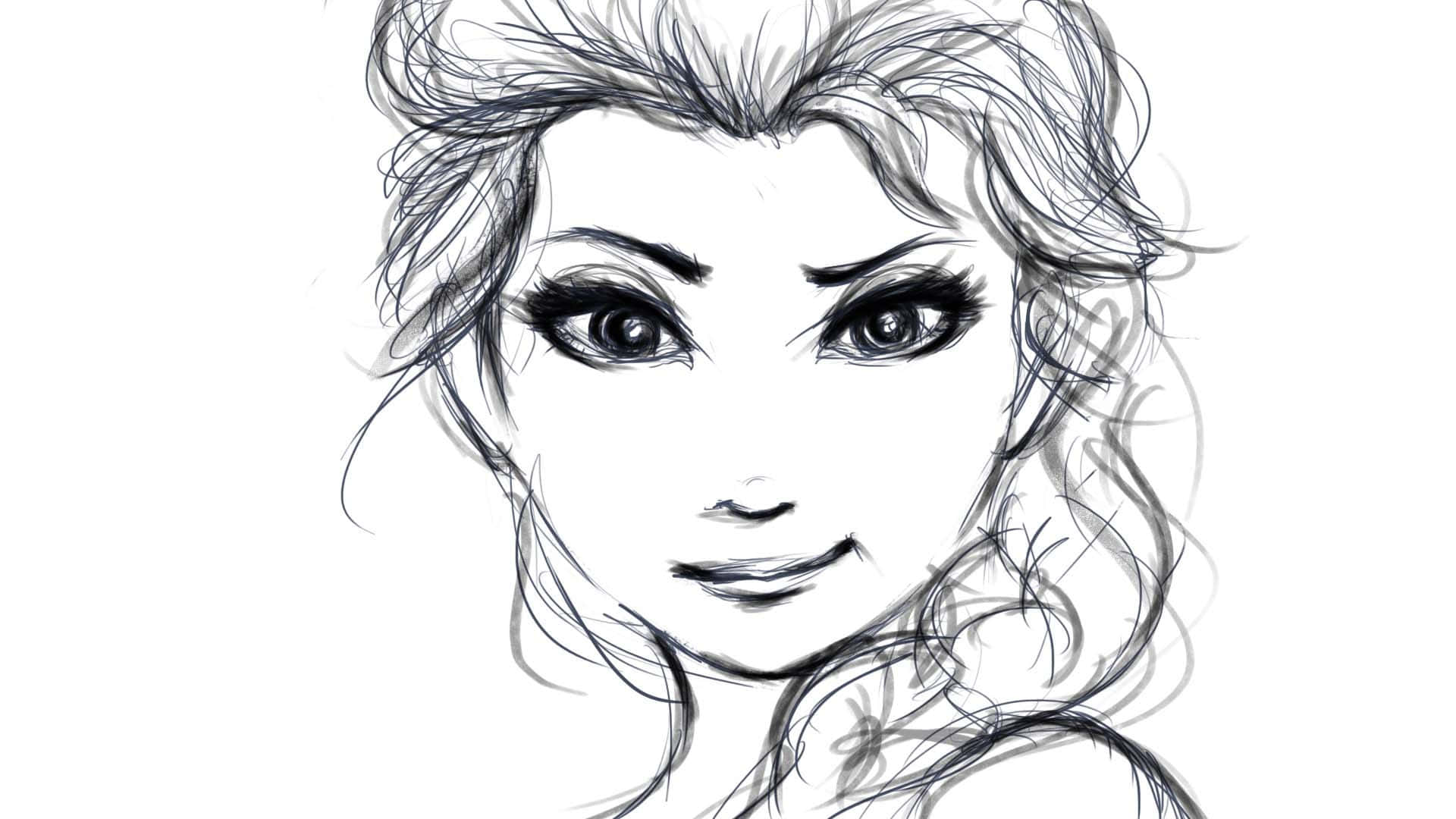 Cartoon Drawing 桌布 壁紙 — 一幅詳細的黑白素描，描繪一位女性面孔，擁有富有表現力的眼睛和飄逸的頭髮，背景簡潔。