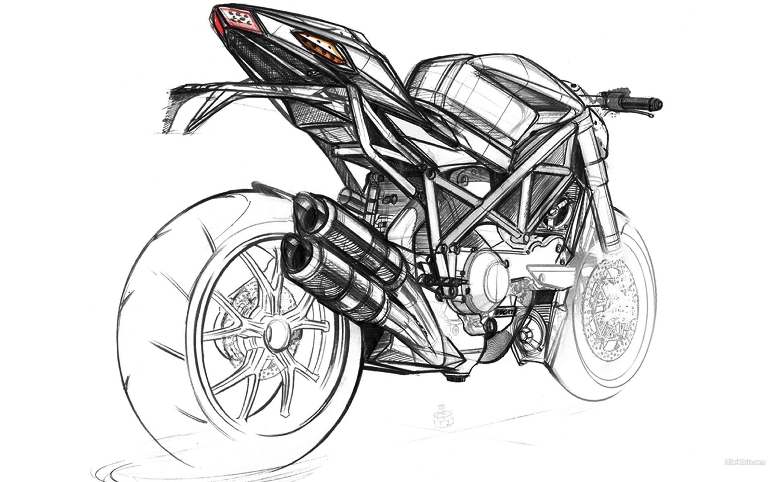 Sketches 桌布 壁紙 — 一幅詳細的黑白線條畫，描繪一輛帶有外露車架和雙排氣管的運動機車。