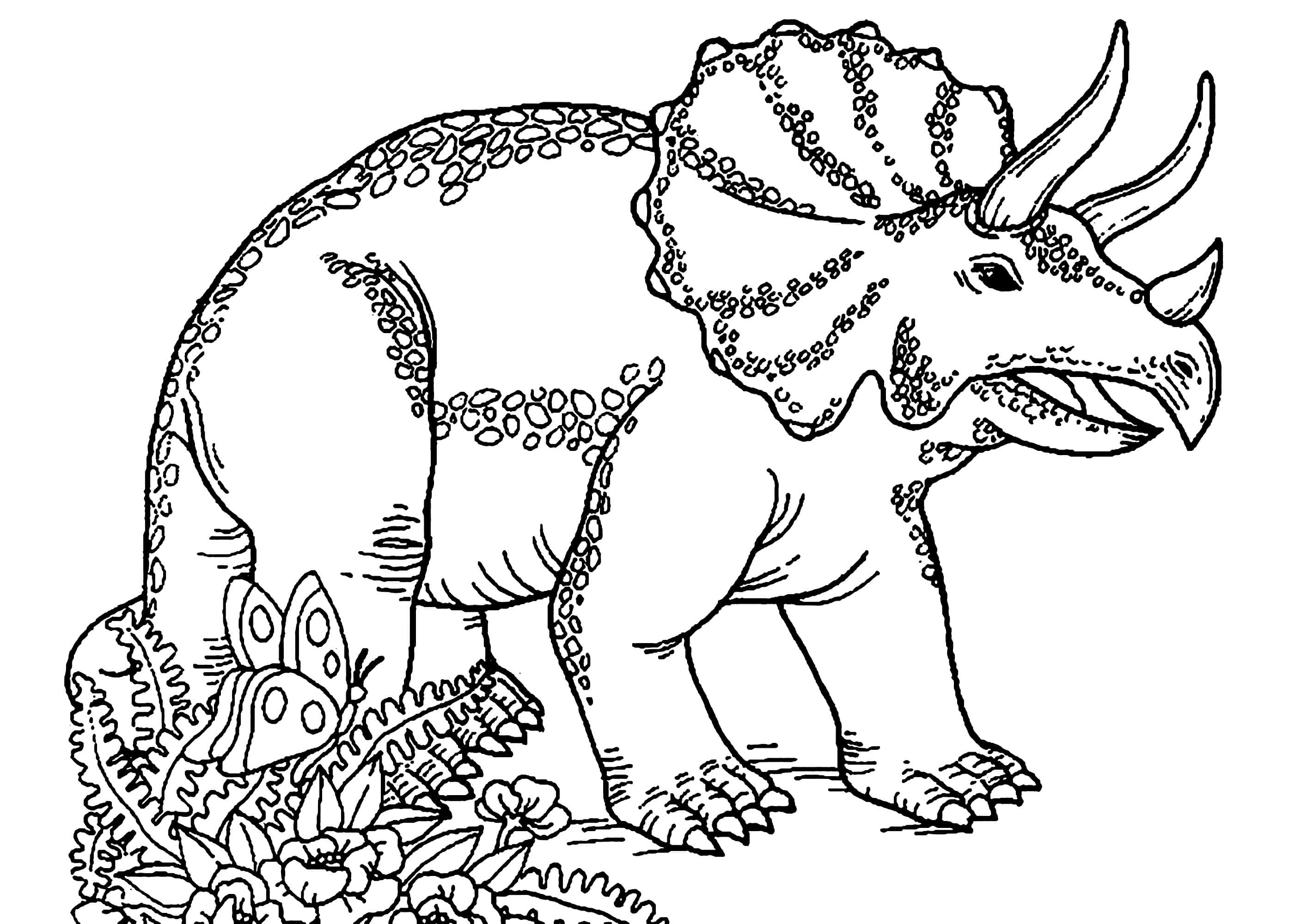 Dinosaur Coloring 桌布 壁紙 — 一幅詳細的黑白線條畫，描繪一隻三角龍站在史前蕨類植物和花朵之間。