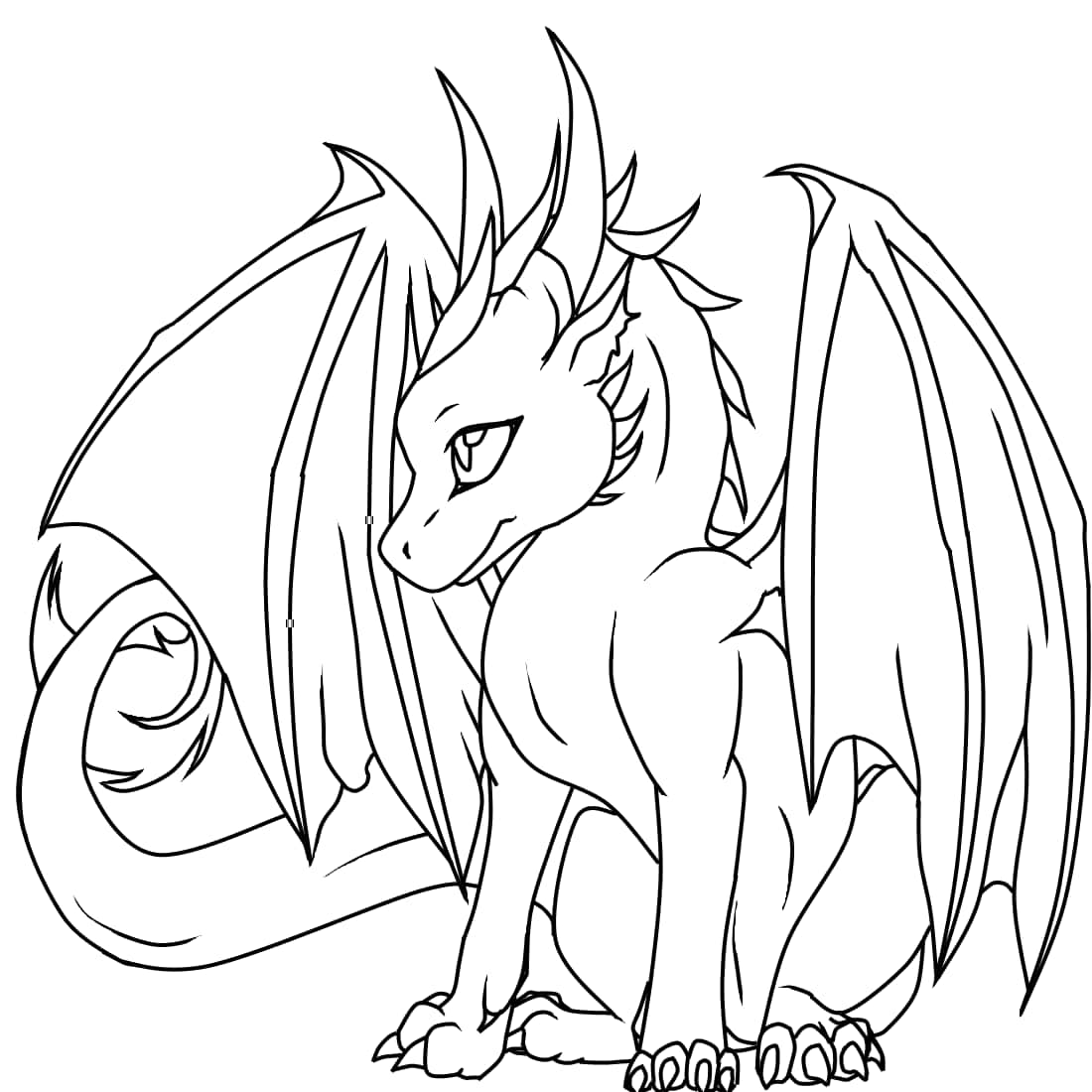 Dragon Coloring 桌布 壁紙 — 一幅詳細的黑白線條畫，描繪一隻坐著的龍，擁有巨大的翅膀和捲曲的尾巴。