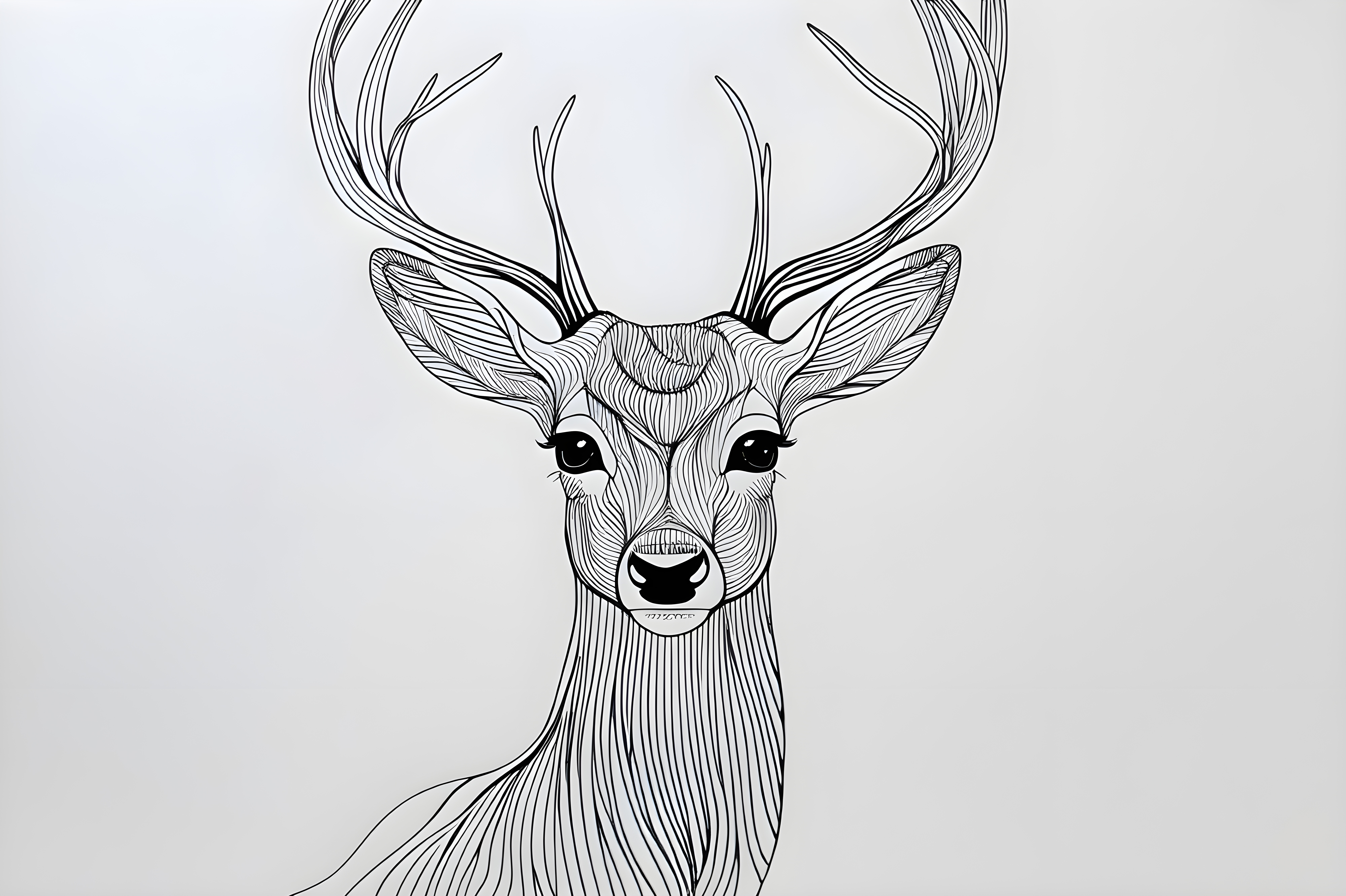 Deer Desktop 桌布 壁紙 — 一幅詳細的黑白線條畫，描繪一隻雄偉的鹿，擁有複雜的鹿角和富有表現力的眼睛，背景為純色。