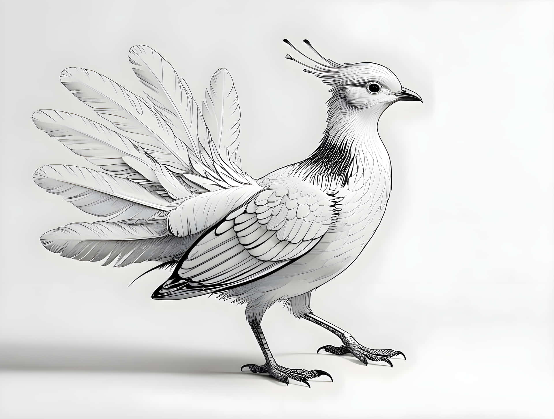 Line art bird sketch 壁紙 — 一幅詳細的黑白線條畫，描繪一隻風格化的鳥，有扇形尾巴和冠，站在純色背景上。