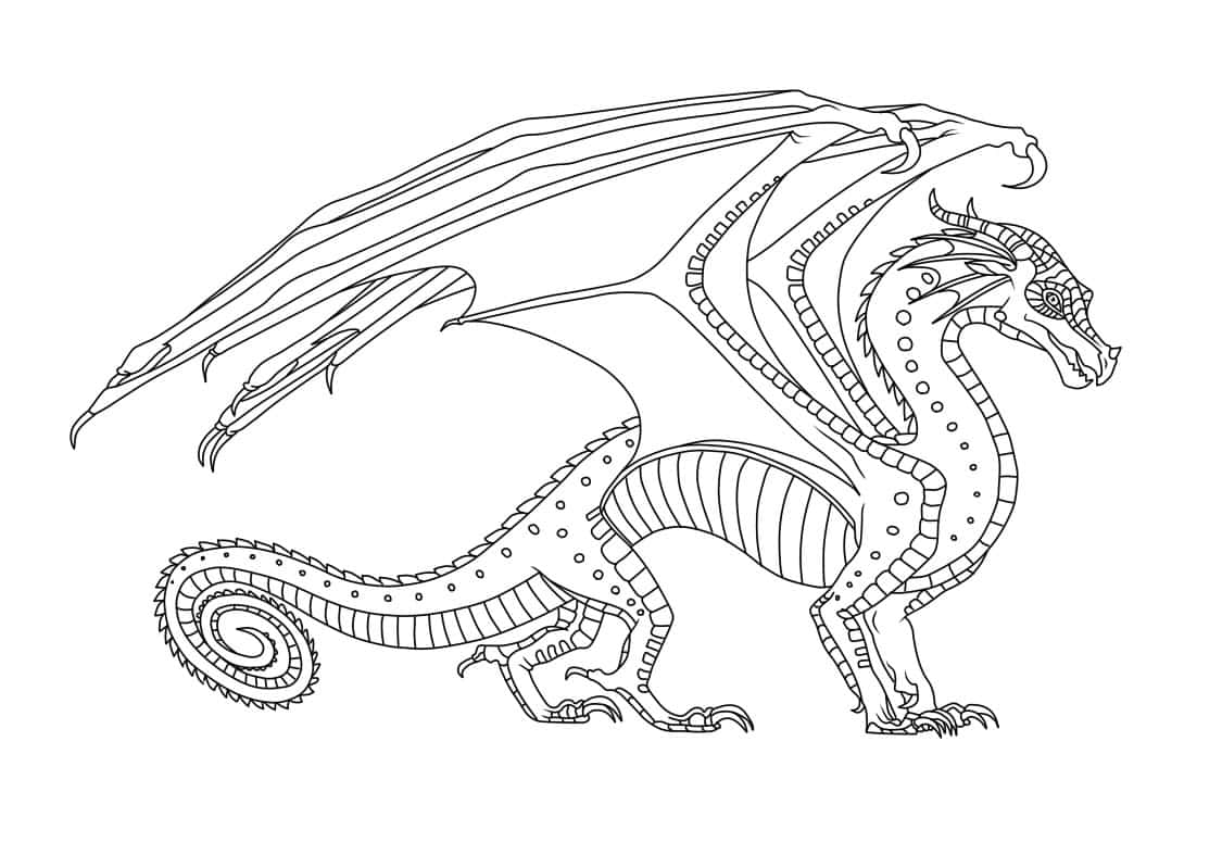 Dragon Coloring 桌布 壁紙 — 一幅詳細的黑白線條畫，描繪了一條雄偉的龍，其翅膀和身體上有複雜的圖案。