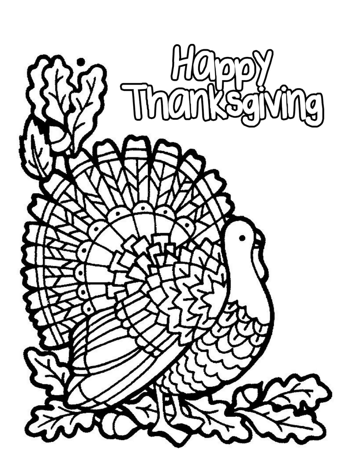 Thanksgiving Coloring 桌布 壁紙 — 一幅詳細的黑白線條畫，描繪了一隻火雞展開尾羽和橡樹葉，並附有文字 'Happy Thanksgiving'。