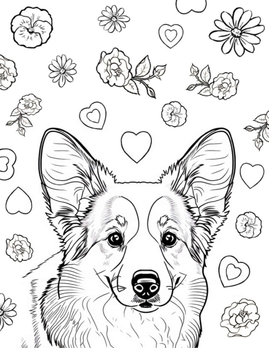 Dog Face 桌布 壁紙 — 一幅詳細的黑白線條畫，描繪了柯基犬的臉龐，周圍環繞著花朵和心形。
