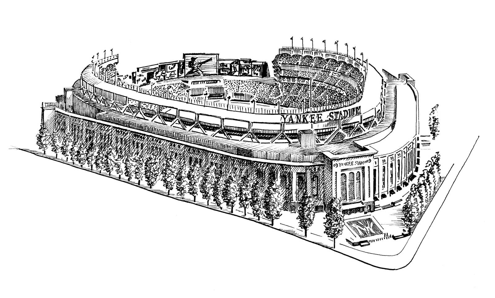Stadium 桌布 壁紙 — 一幅詳細的黑白線條畫，描繪了洋基體育場，場內坐滿觀眾，周圍環繞著樹木。