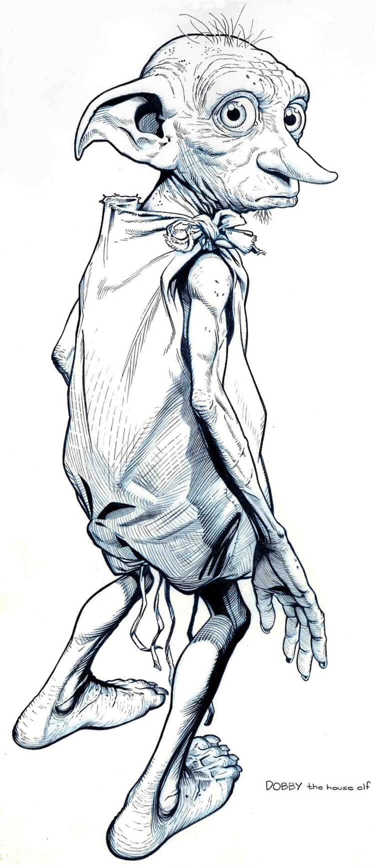 Harry Potter Dobby 桌布 壁紙 — 一幅詳細的黑白線條畫，描繪家庭小精靈多比穿著破爛的束腰外衣赤腳行走。