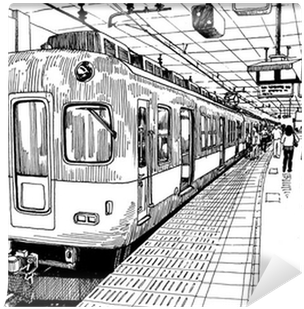 大阪 桌布 壁紙 — 一幅詳細的黑白線條畫，描繪火車在車站月台上，乘客正在等候。