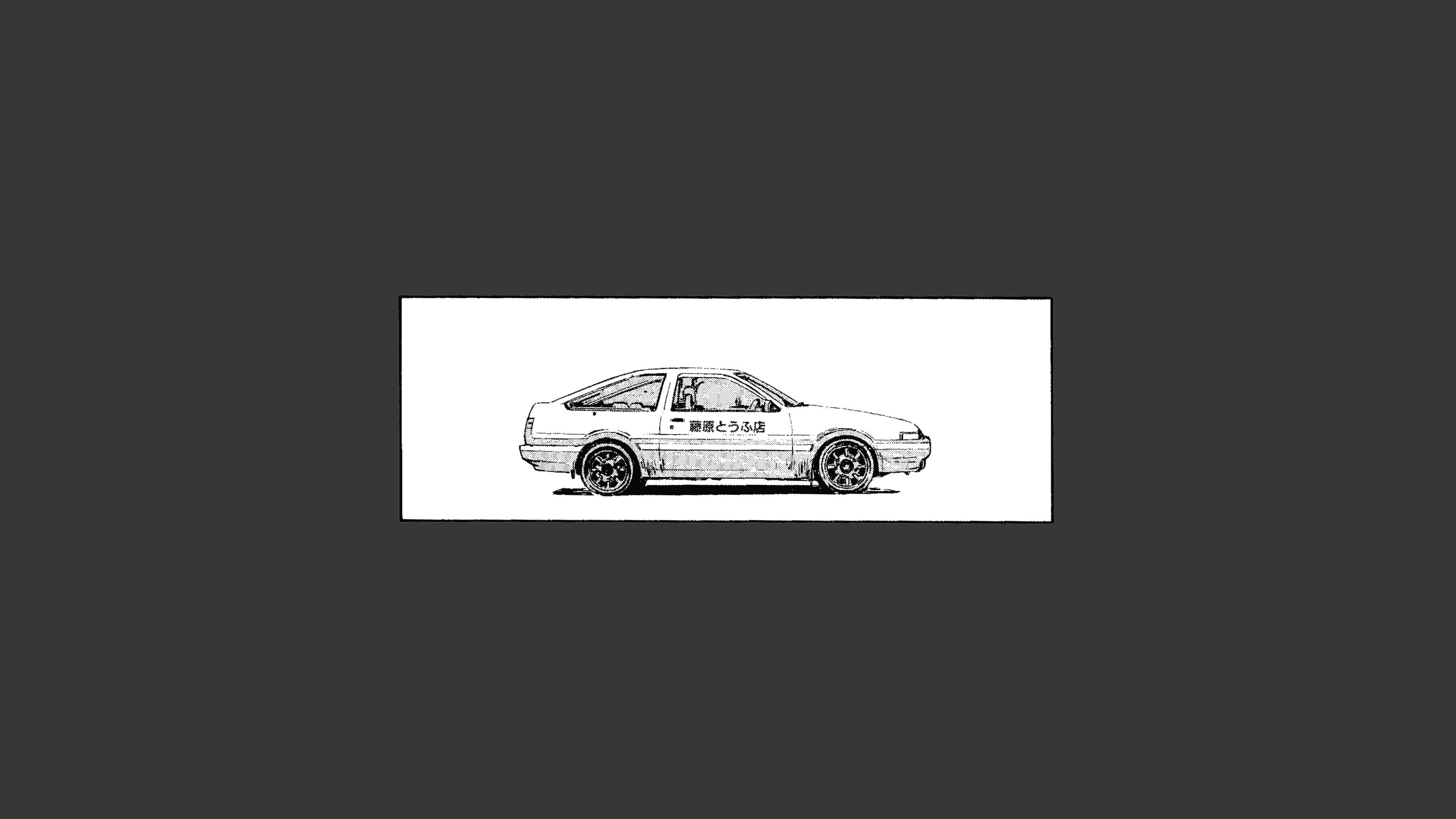 桌布 壁紙 — 一幅詳細的黑白線條畫，描繪經典日本跑車，車側有日文字樣。