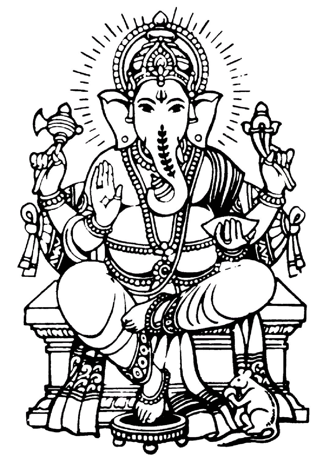 Ganesh 桌布 壁紙 — 一幅詳細的黑白線條畫，描繪象神坐在寶座上，腳邊有他的老鼠同伴。