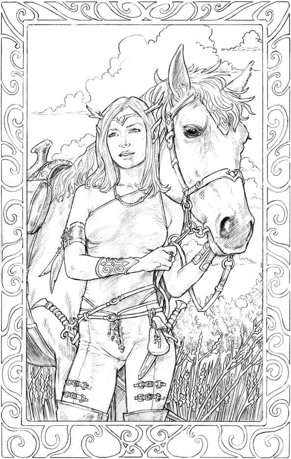 Horse Coloring 桌布 壁紙 — 一幅詳細的黑白線條藝術插圖，描繪一位長髮奇幻女性站在馬旁，置於裝飾性框架中。