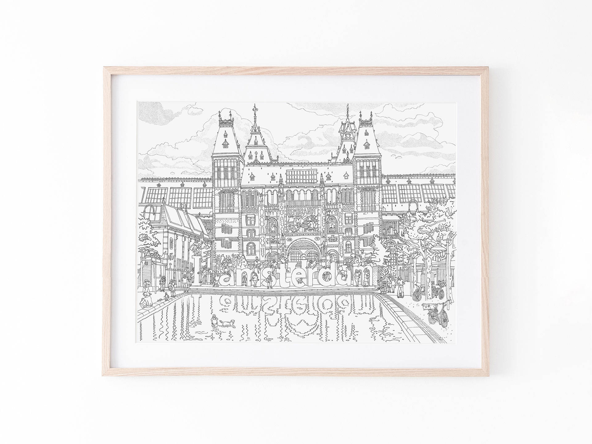 Museum 桌布 壁紙 — 一幅詳細的黑白線條藝術插圖，描繪阿姆斯特丹的標誌性建築，鑲嵌在淺色木框中。
