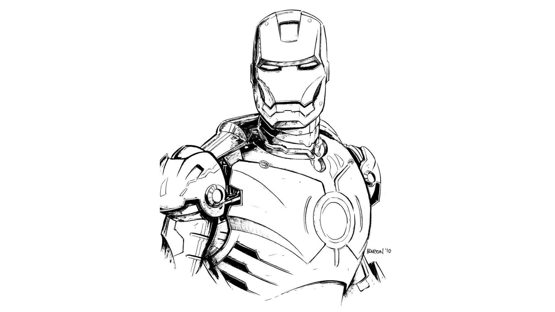 Iron Man Black And White 桌布 壁紙 — 一幅詳細的黑白線條藝術草圖，描繪了鋼鐵人的裝甲軀幹和頭盔正面朝前。