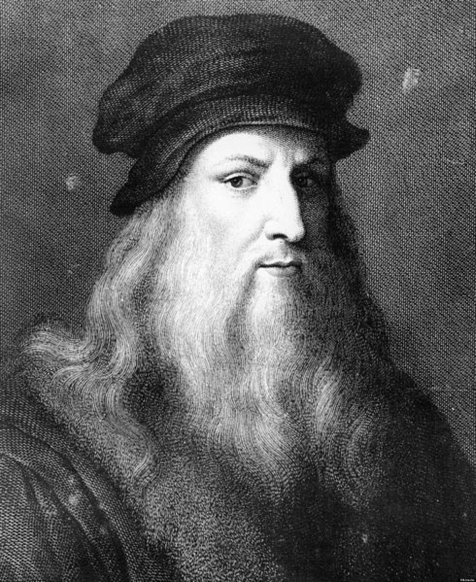 Leonardo Da Vinci 桌布 壁紙 — 一幅詳細的黑白肖像畫，描繪了留長鬍鬚、戴帽子的李奧納多·達·文西，以精細蝕刻風格呈現。