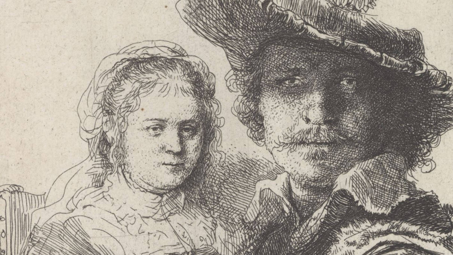 Rembrandt 桌布 壁紙 — 一幅詳細的黑白蝕刻畫，描繪一對穿著歷史服飾、表情豐富的男女。